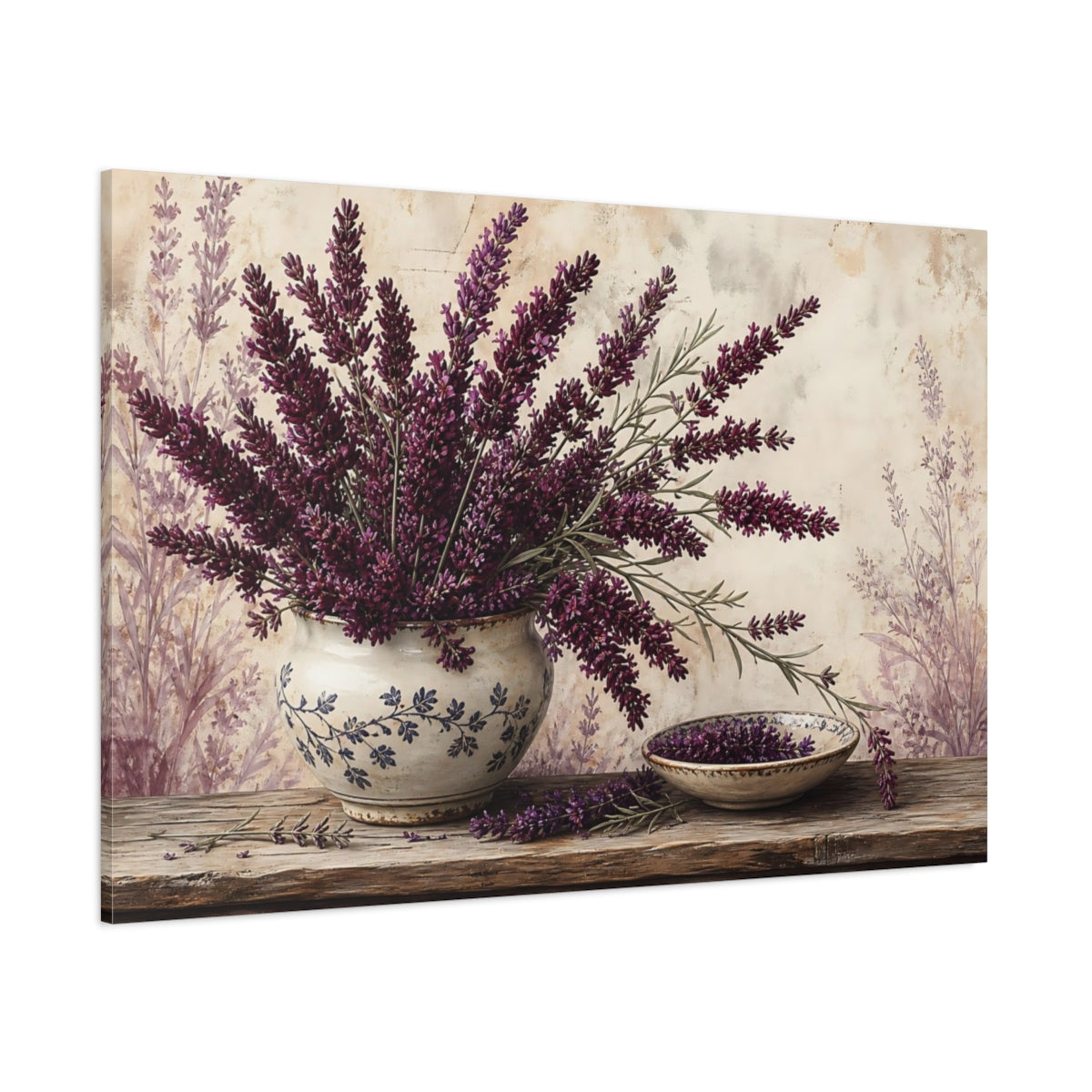 Side Mockup 1. Floral Lavender Purple Lavender shown as stretched canvas wall art