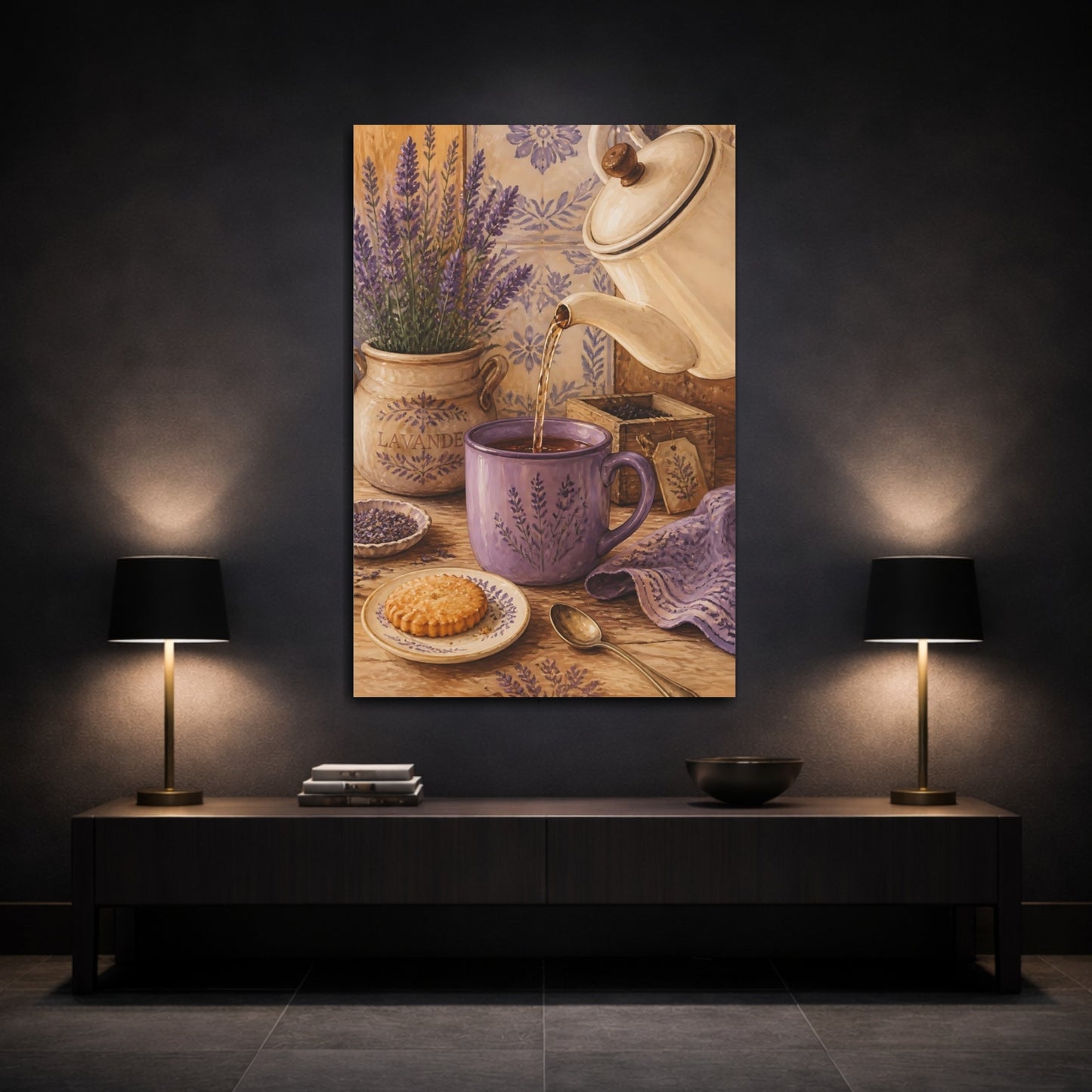 Mockup 3. Floral Lavender Purple Lavender Scene shown as stretched canvas wall art