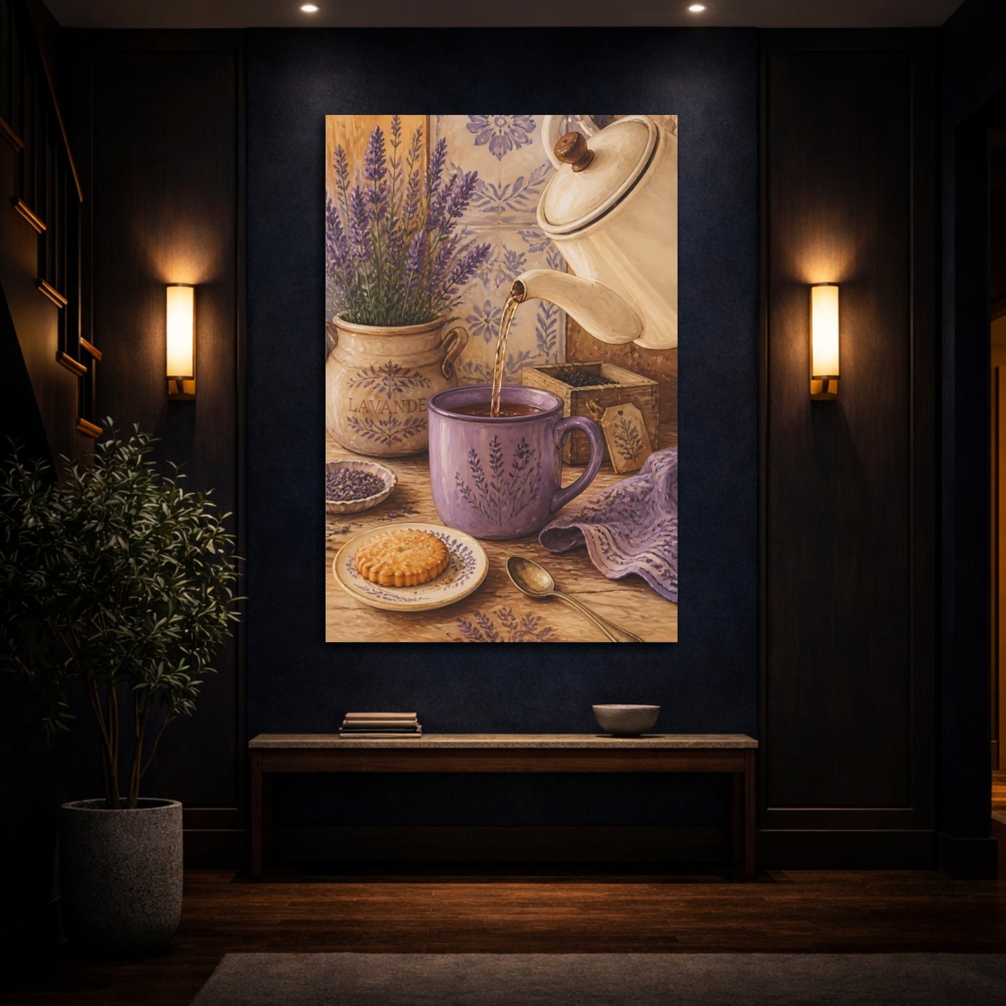 Mockup 4. Floral Lavender Purple Lavender Scene shown as stretched canvas wall art