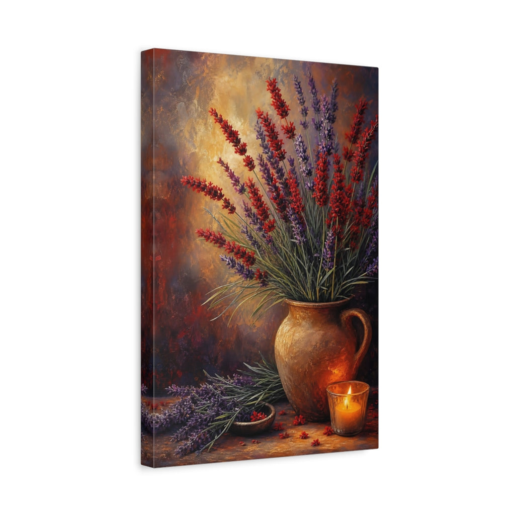 Side Mockup 4. Floral Lavender Purple Red Lavender shown as stretched canvas wall art