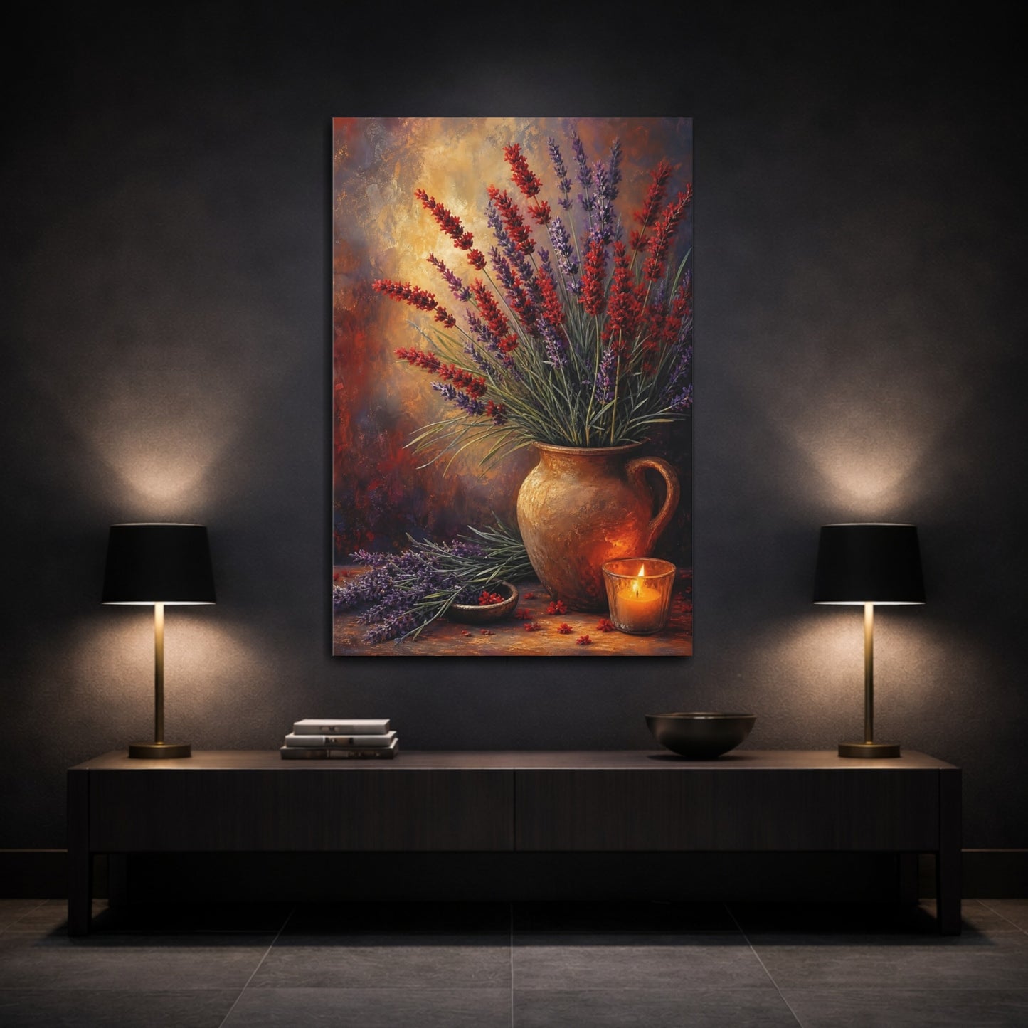 Mockup 3. Floral Lavender Purple Red Lavender shown as stretched canvas wall art
