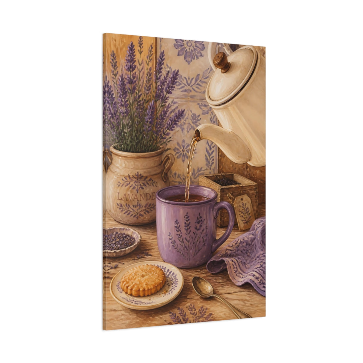 Side Mockup 1. Floral Lavender Purple Lavender Scene shown as stretched canvas wall art