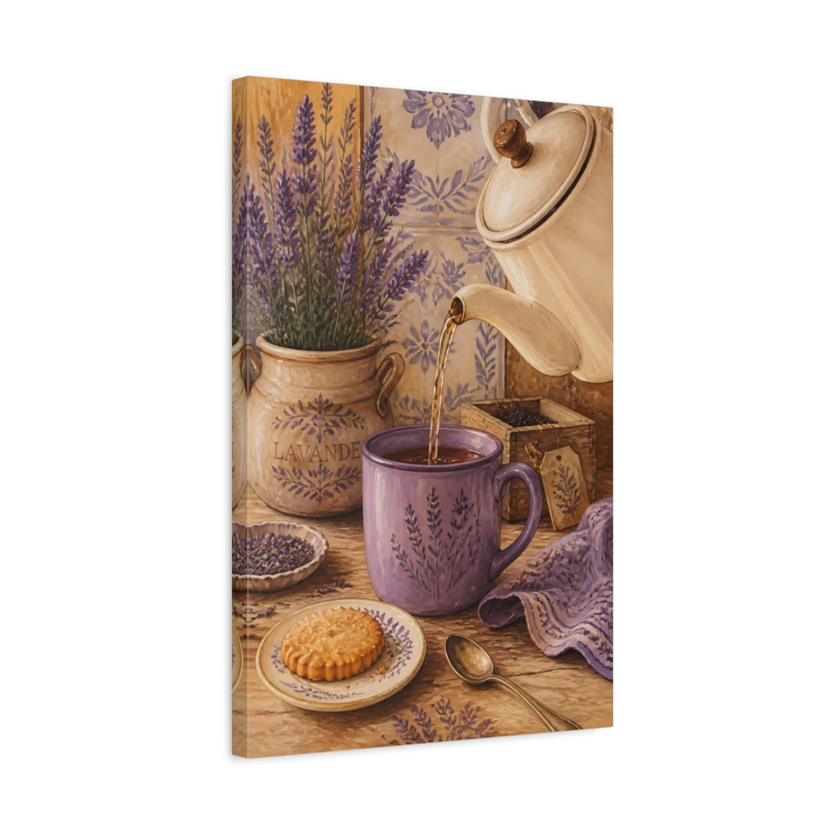 Side Mockup 3. Floral Lavender Purple Lavender Scene shown as stretched canvas wall art
