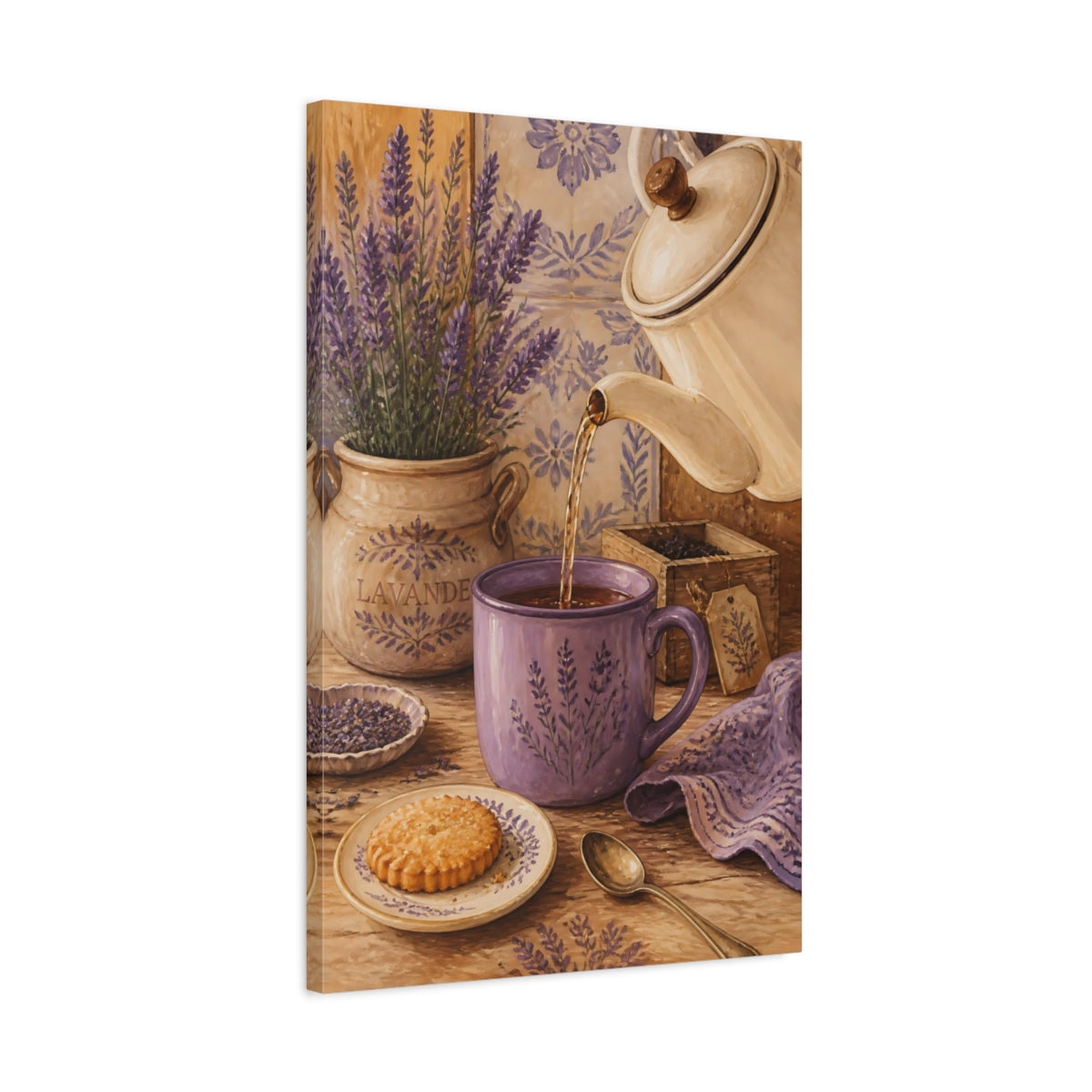 Side Mockup 2. Floral Lavender Purple Lavender Scene shown as stretched canvas wall art