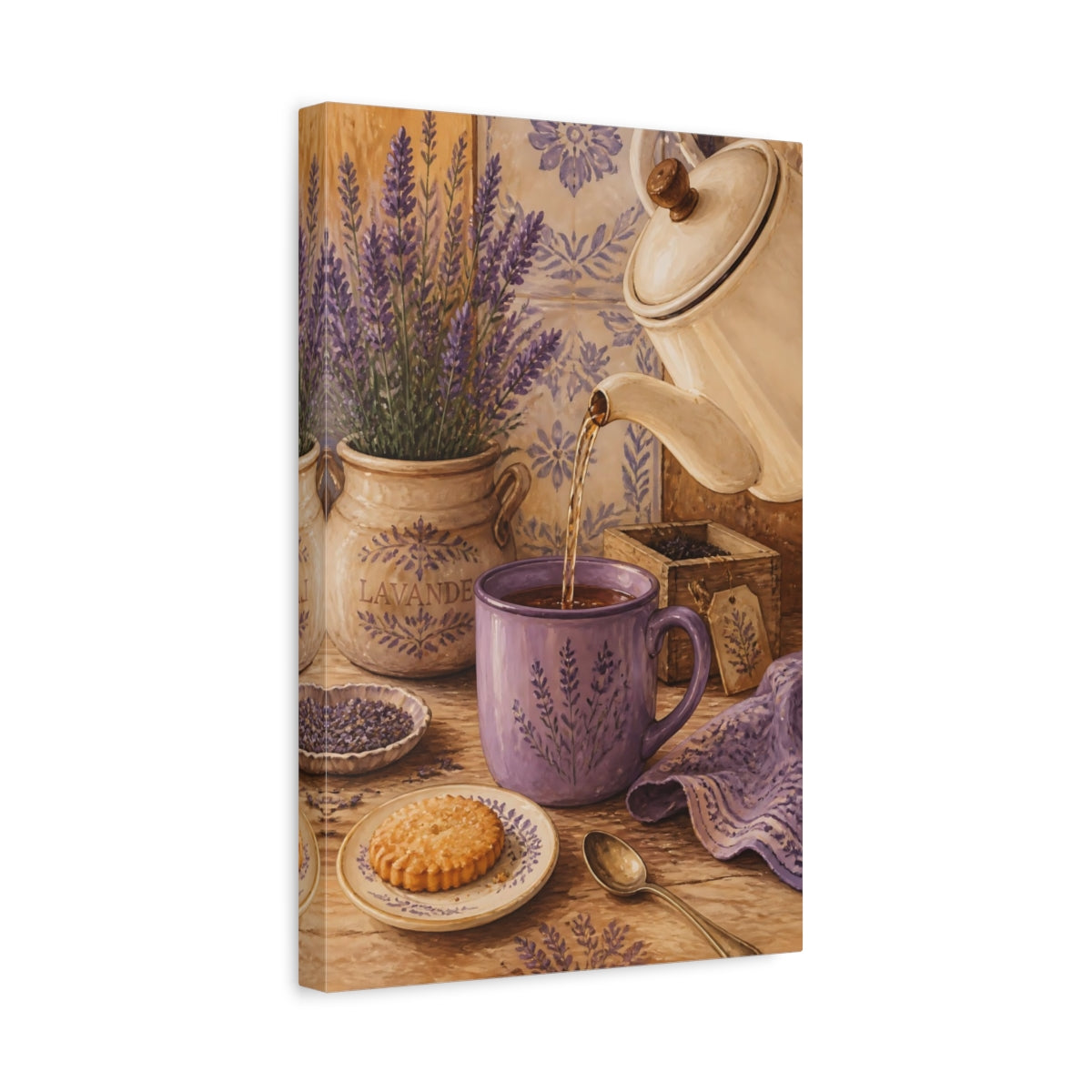 Side Mockup 4. Floral Lavender Purple Lavender Scene shown as stretched canvas wall art