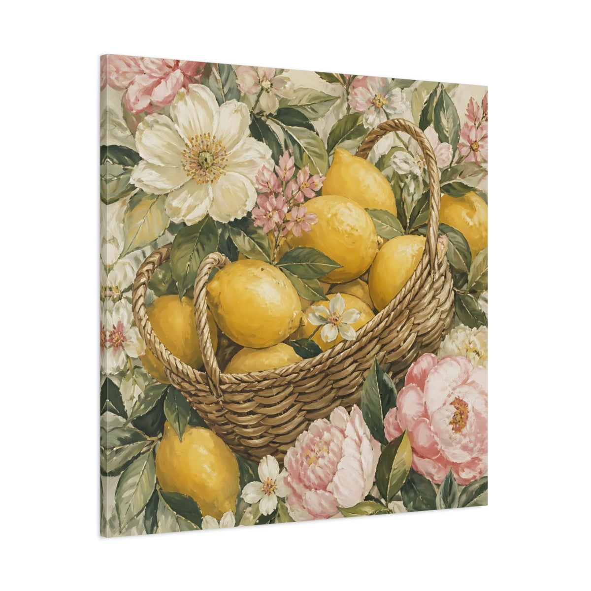 Side Mockup 1. Floral Lemon Basket shown as canvas print