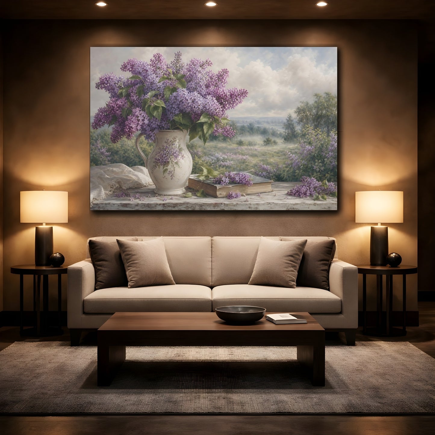 Mockup 2. Floral Lilac Bouquet Purple Lilac shown as stretched canvas wall art