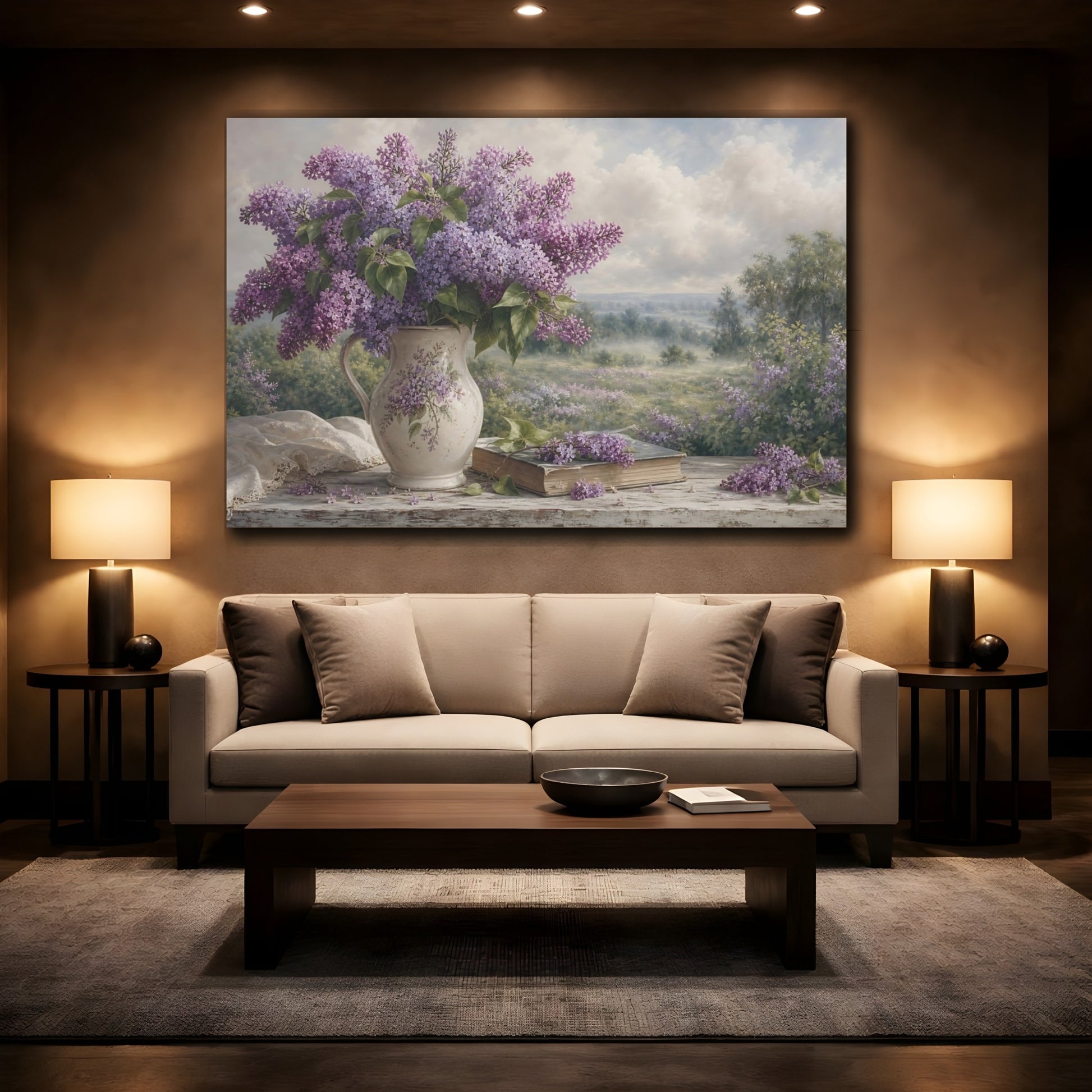 Mockup 2. Floral Lilac Bouquet Purple Lilac shown as stretched canvas wall art