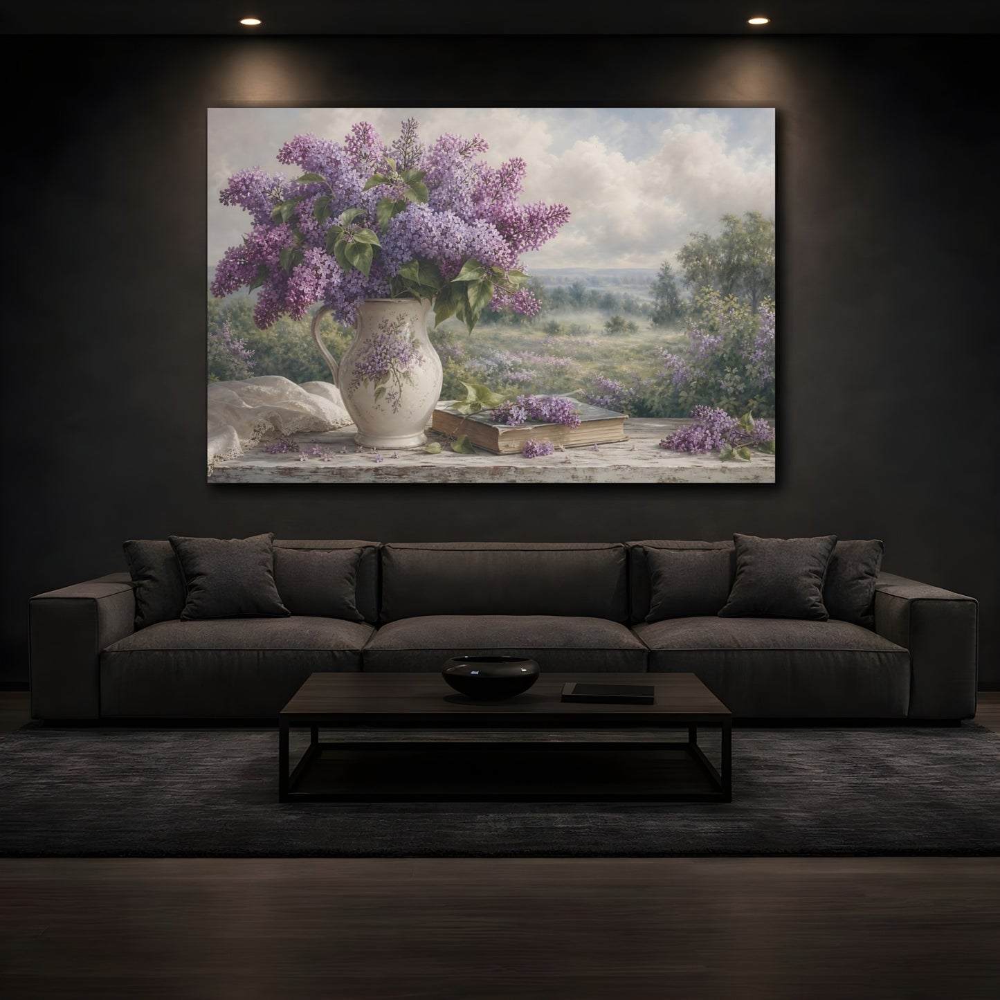 Mockup 3. Floral Lilac Bouquet Purple Lilac shown as stretched canvas wall art