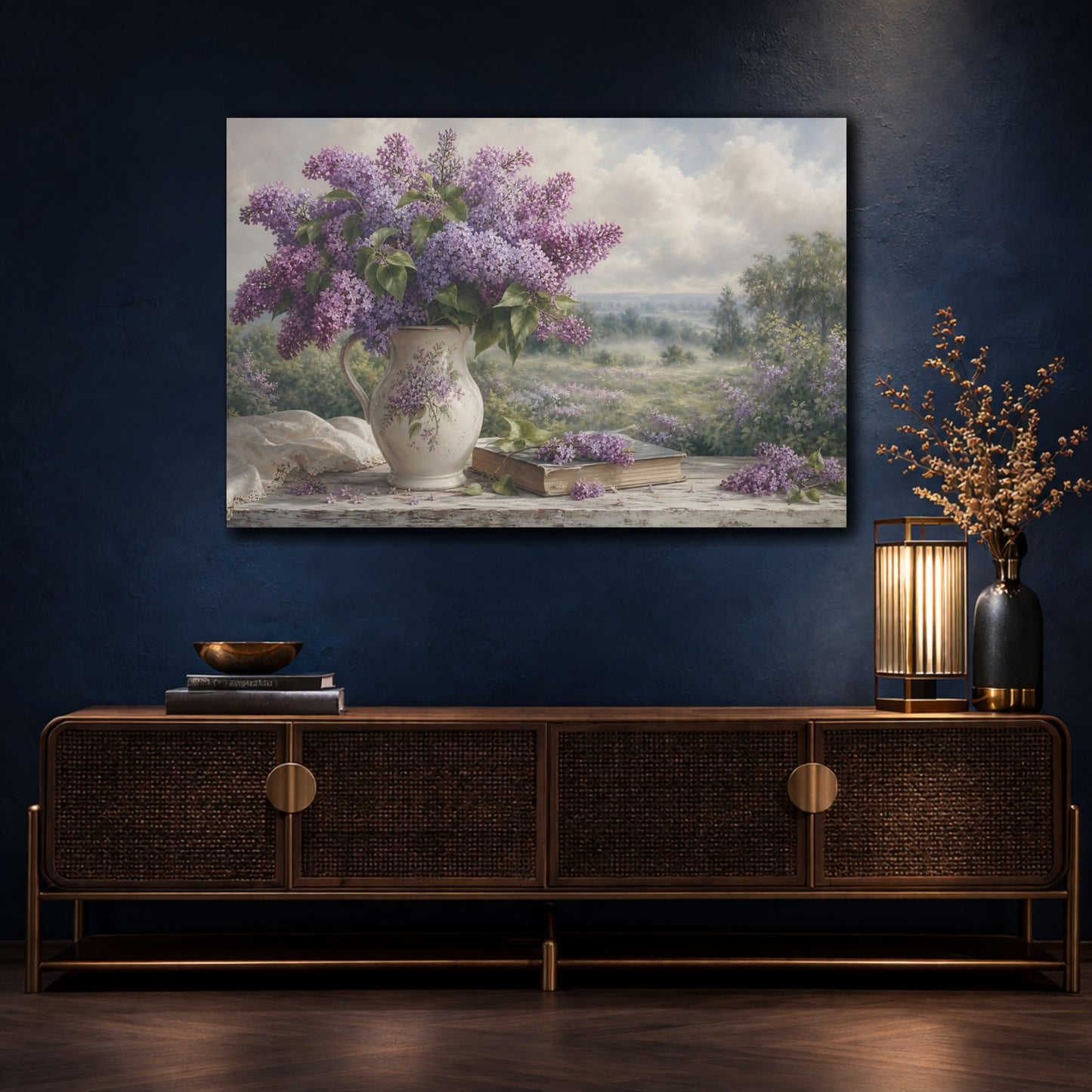 Mockup 4. Floral Lilac Bouquet Purple Lilac shown as stretched canvas wall art