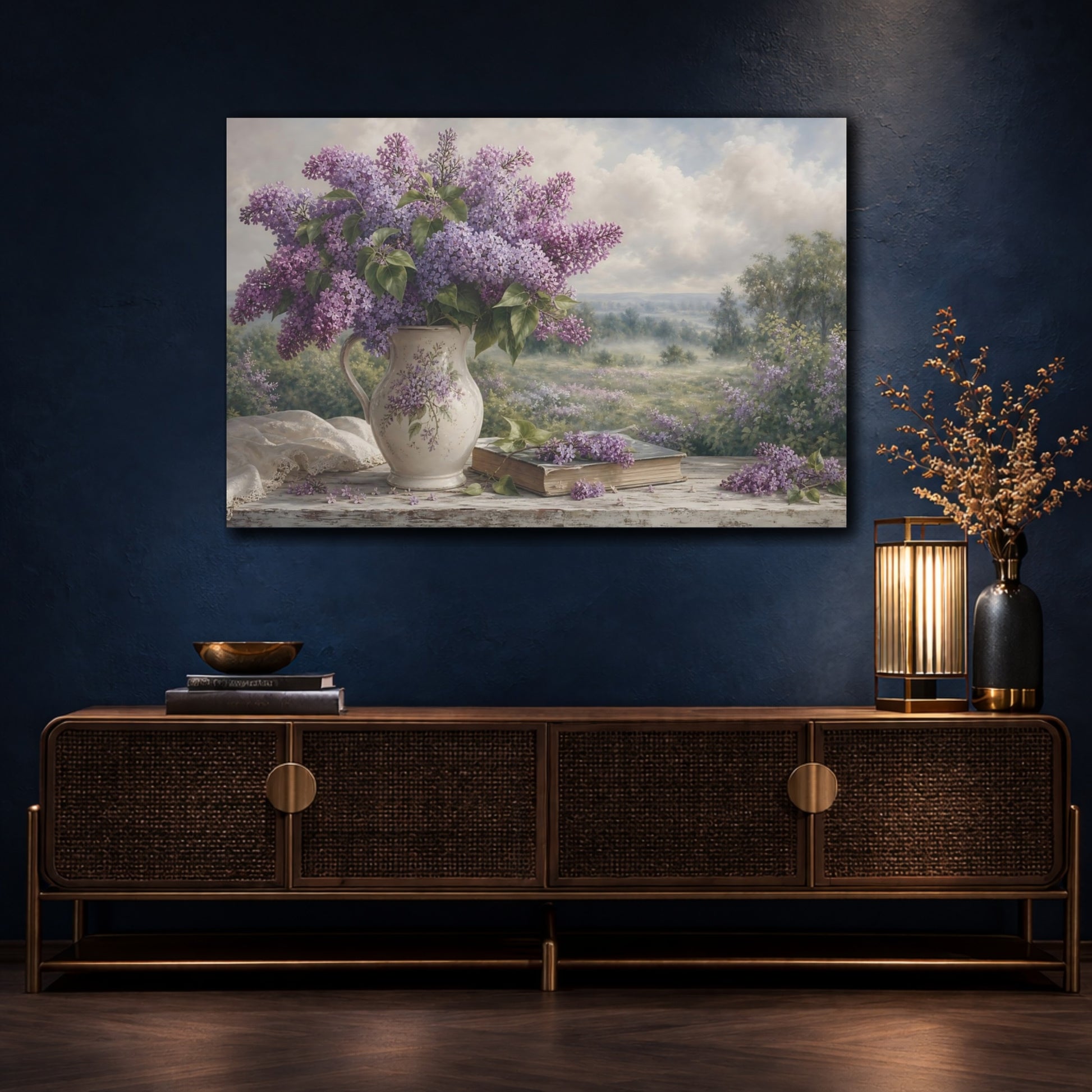 Mockup 4. Floral Lilac Bouquet Purple Lilac shown as stretched canvas wall art