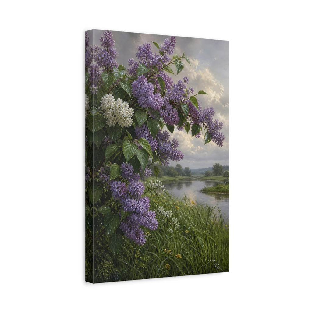 Side Mockup 4. Floral Lilac Bush Purple Lilac Landscape shown as stretched canvas wall art