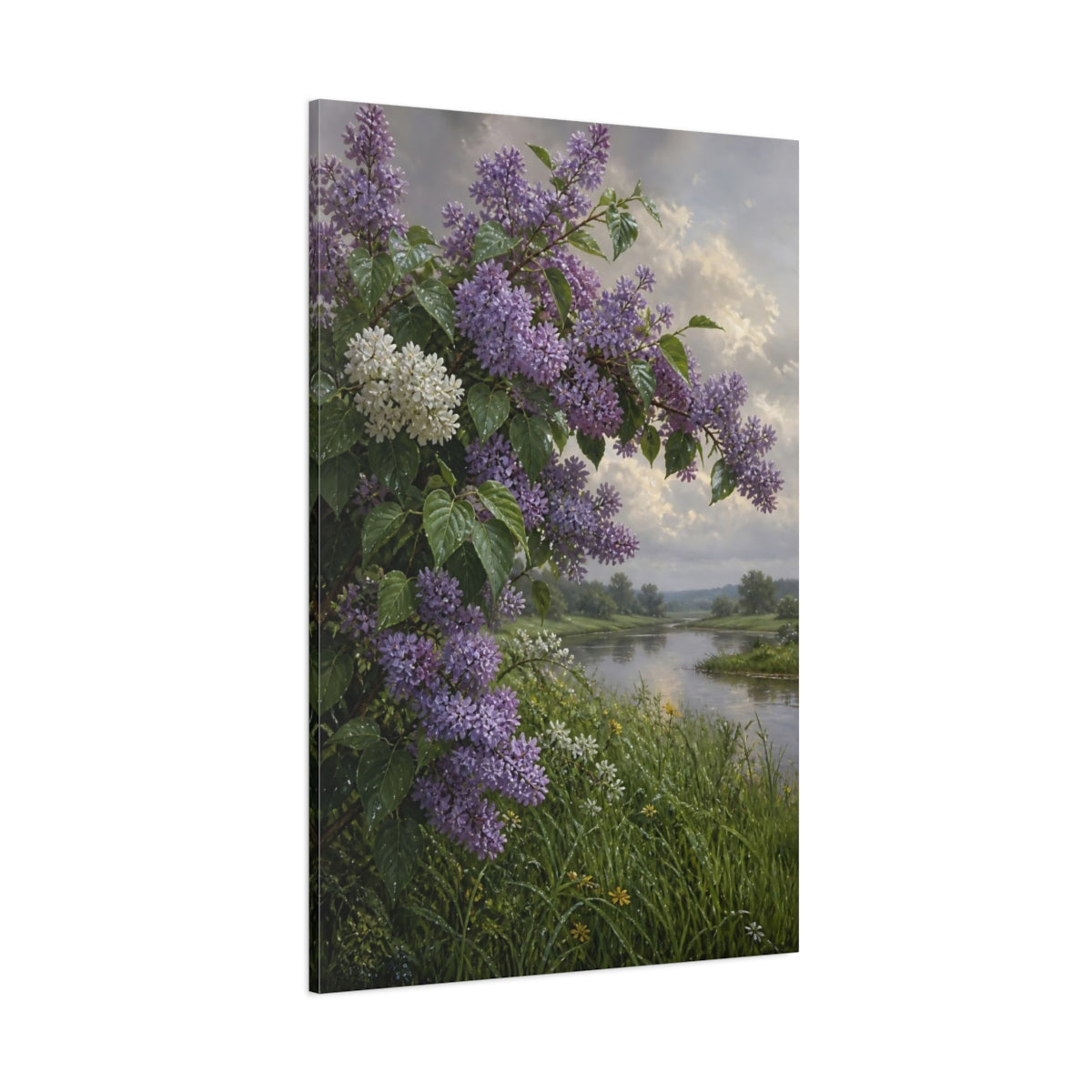 Side Mockup 1. Floral Lilac Bush Purple Lilac Landscape shown as stretched canvas wall art