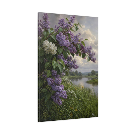 Main Mockup. Floral Lilac Bush Purple Lilac Landscape shown as stretched canvas wall art