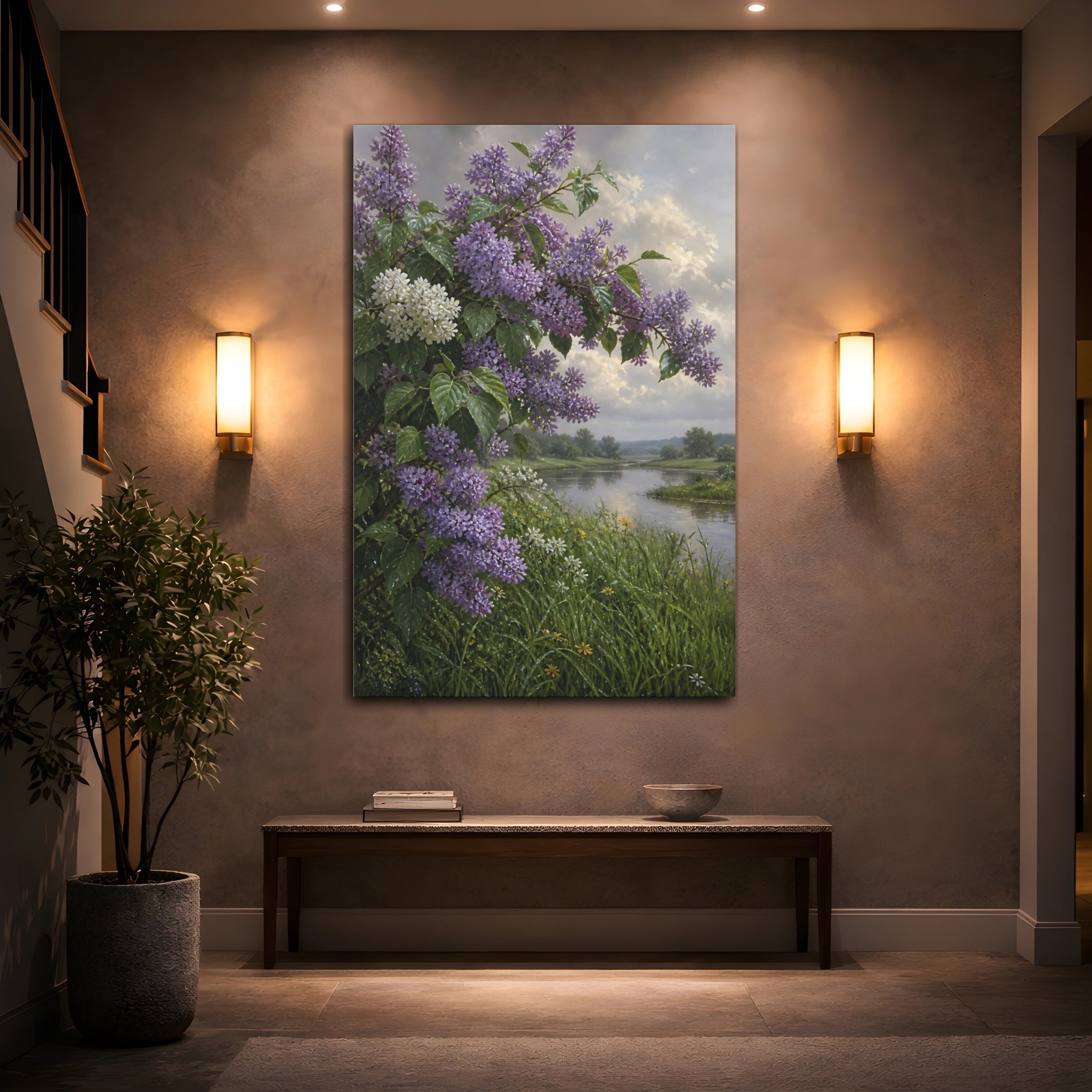 Mockup 2. Floral Lilac Bush Purple Lilac Landscape shown as stretched canvas wall art