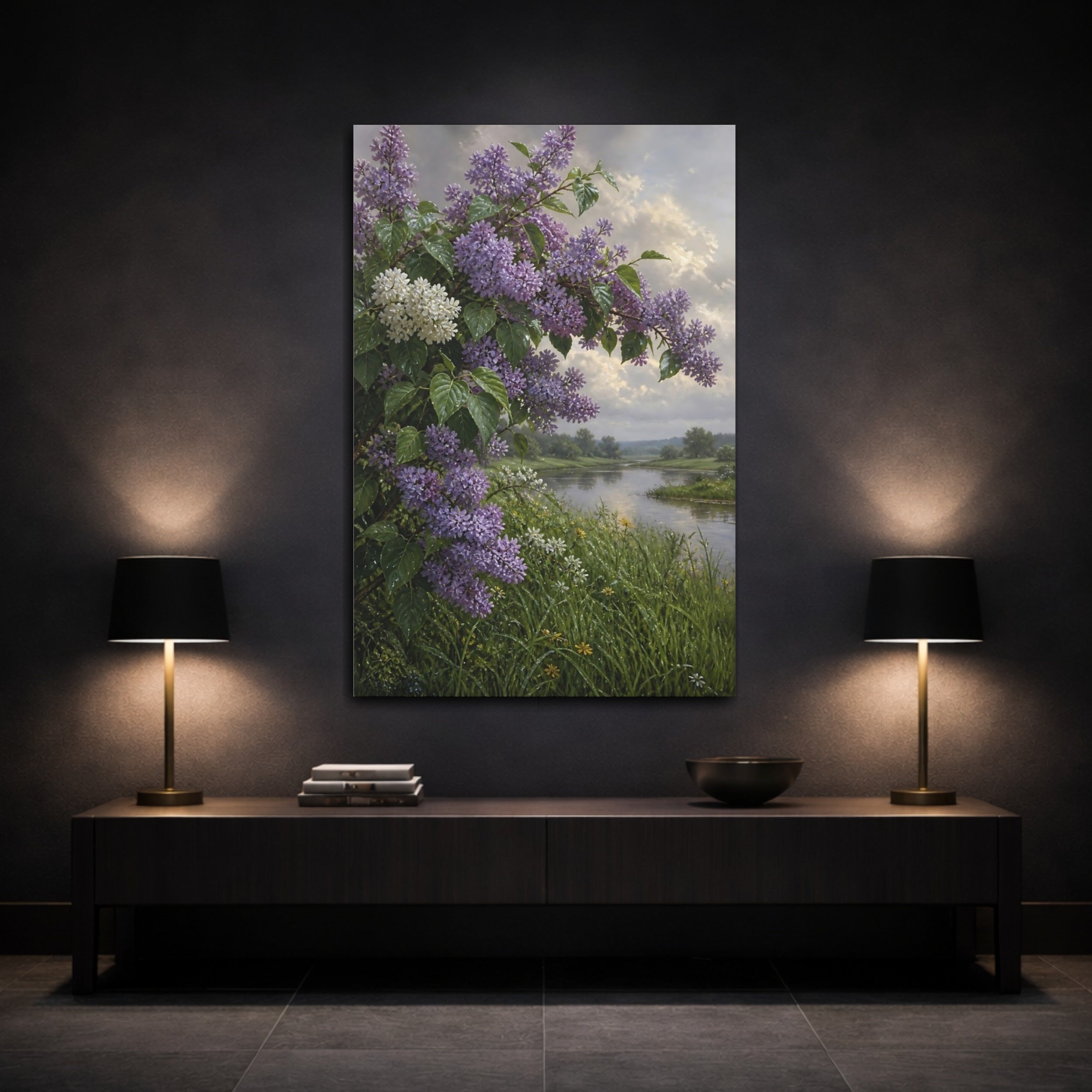 Mockup 3. Floral Lilac Bush Purple Lilac Landscape shown as stretched canvas wall art