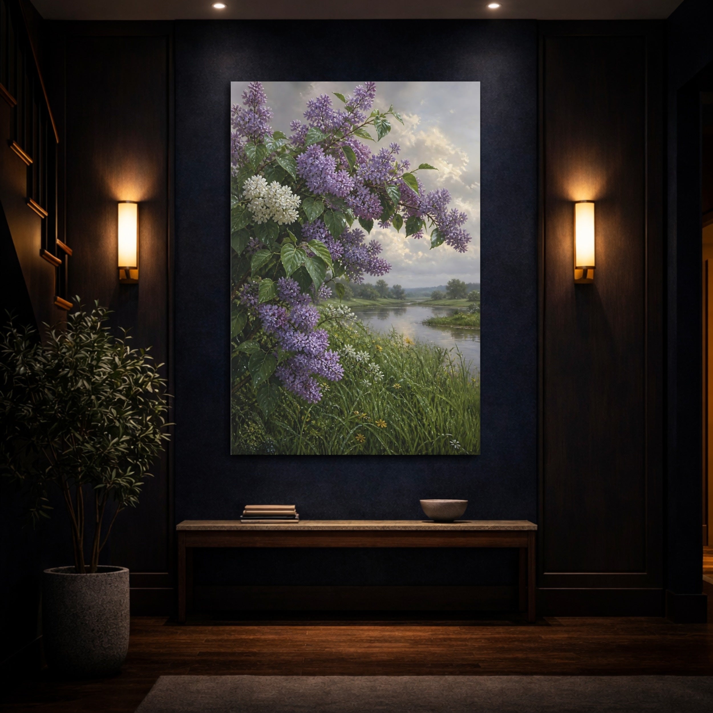 Mockup 4. Floral Lilac Bush Purple Lilac Landscape shown as stretched canvas wall art