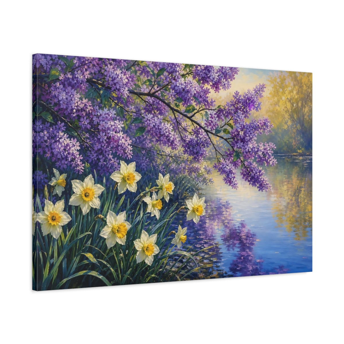 Main Mockup. Floral Lilac Daffodils Purple Yellow Spring shown as stretched canvas wall art