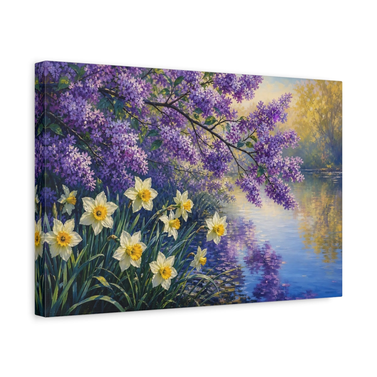 Side Mockup 4. Floral Lilac Daffodils Purple Yellow Spring shown as stretched canvas wall art