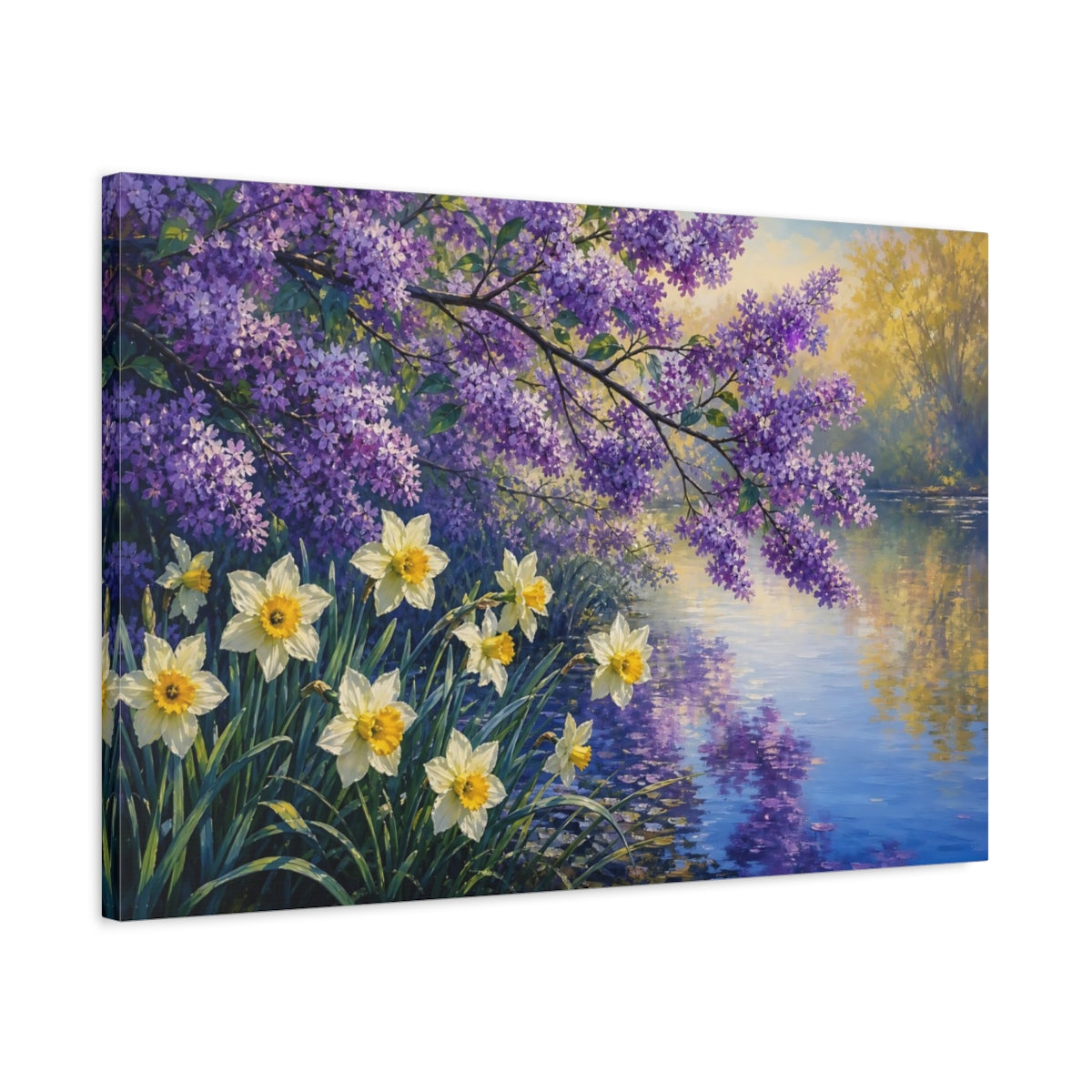 Side Mockup 2. Floral Lilac Daffodils Purple Yellow Spring shown as stretched canvas wall art