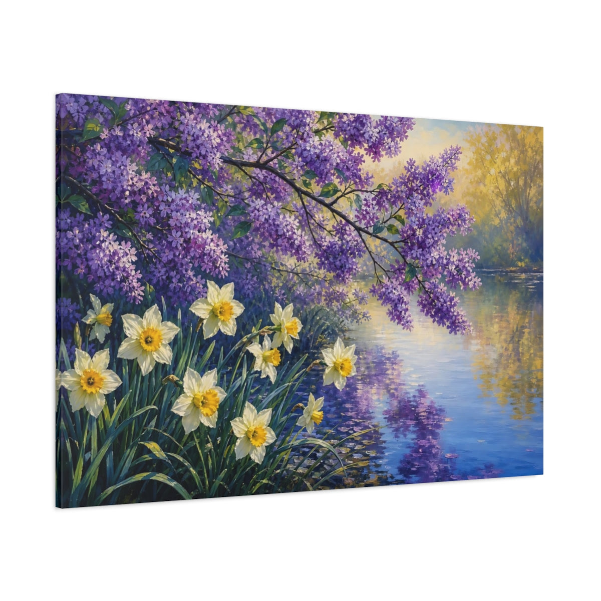 Side Mockup 1. Floral Lilac Daffodils Purple Yellow Spring shown as stretched canvas wall art