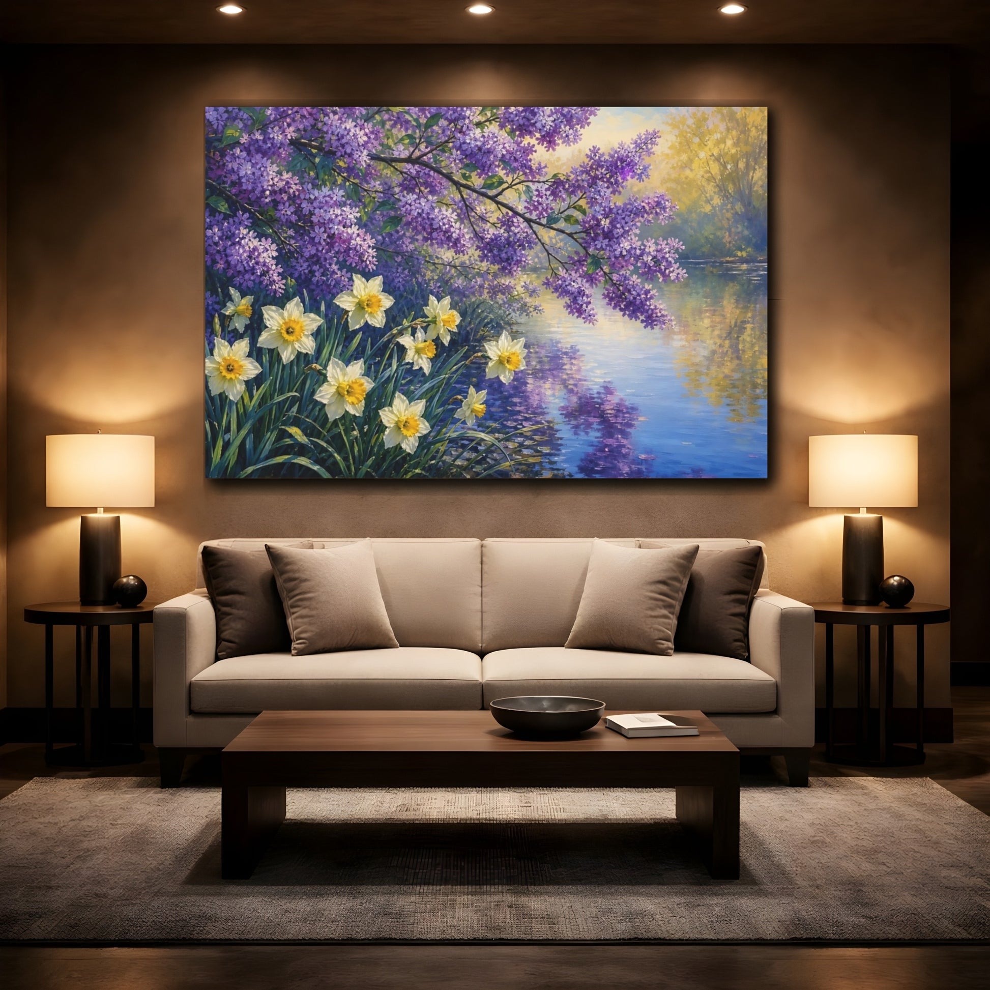 Mockup 2. Floral Lilac Daffodils Purple Yellow Spring shown as stretched canvas wall art