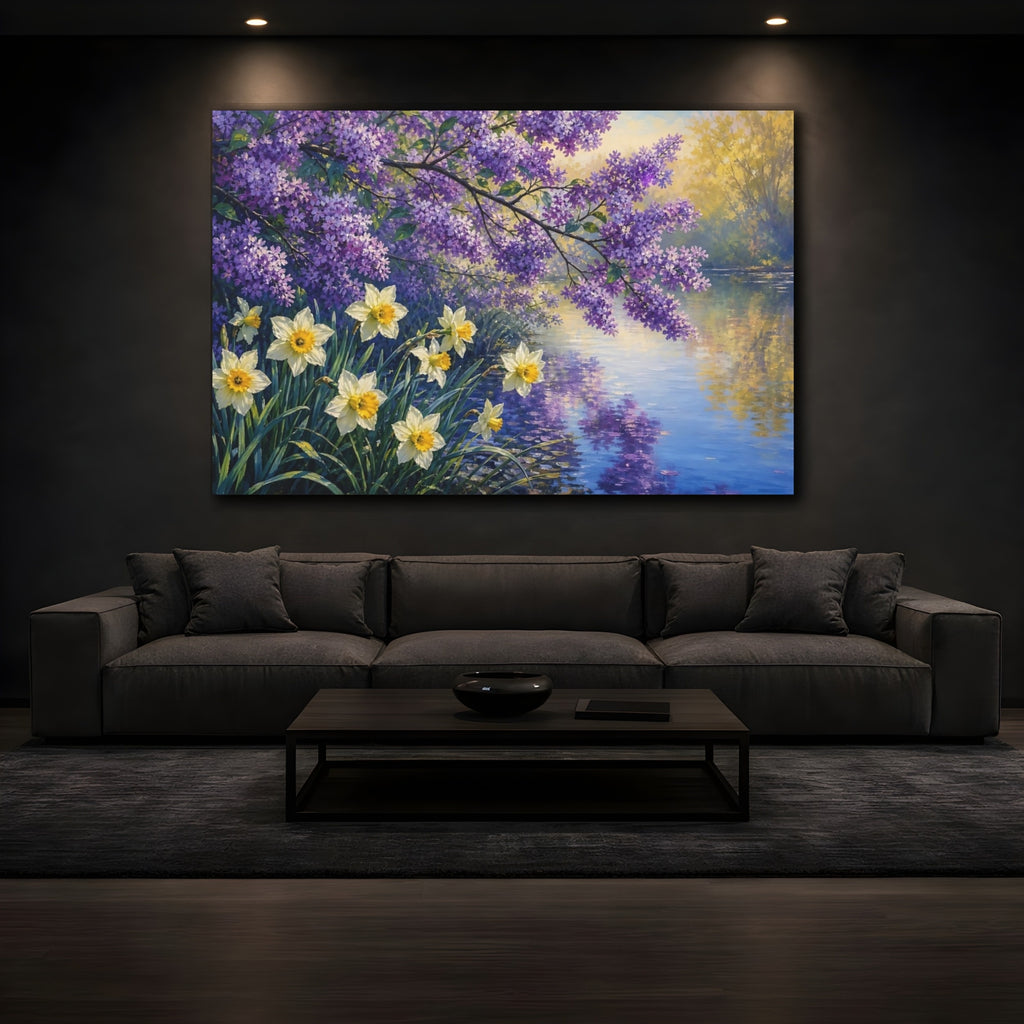 Mockup 3. Floral Lilac Daffodils Purple Yellow Spring shown as stretched canvas wall art