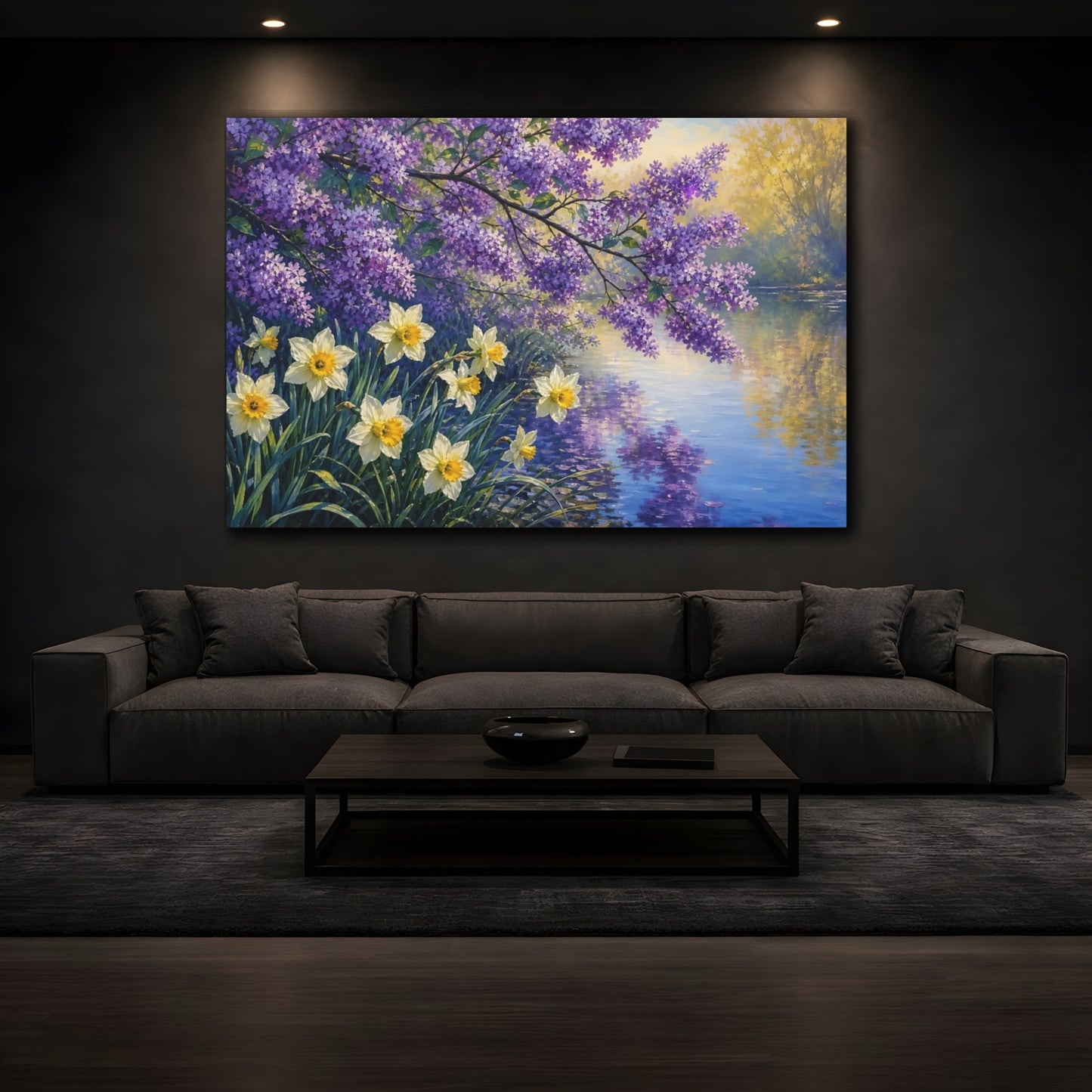 Mockup 3. Floral Lilac Daffodils Purple Yellow Spring shown as stretched canvas wall art