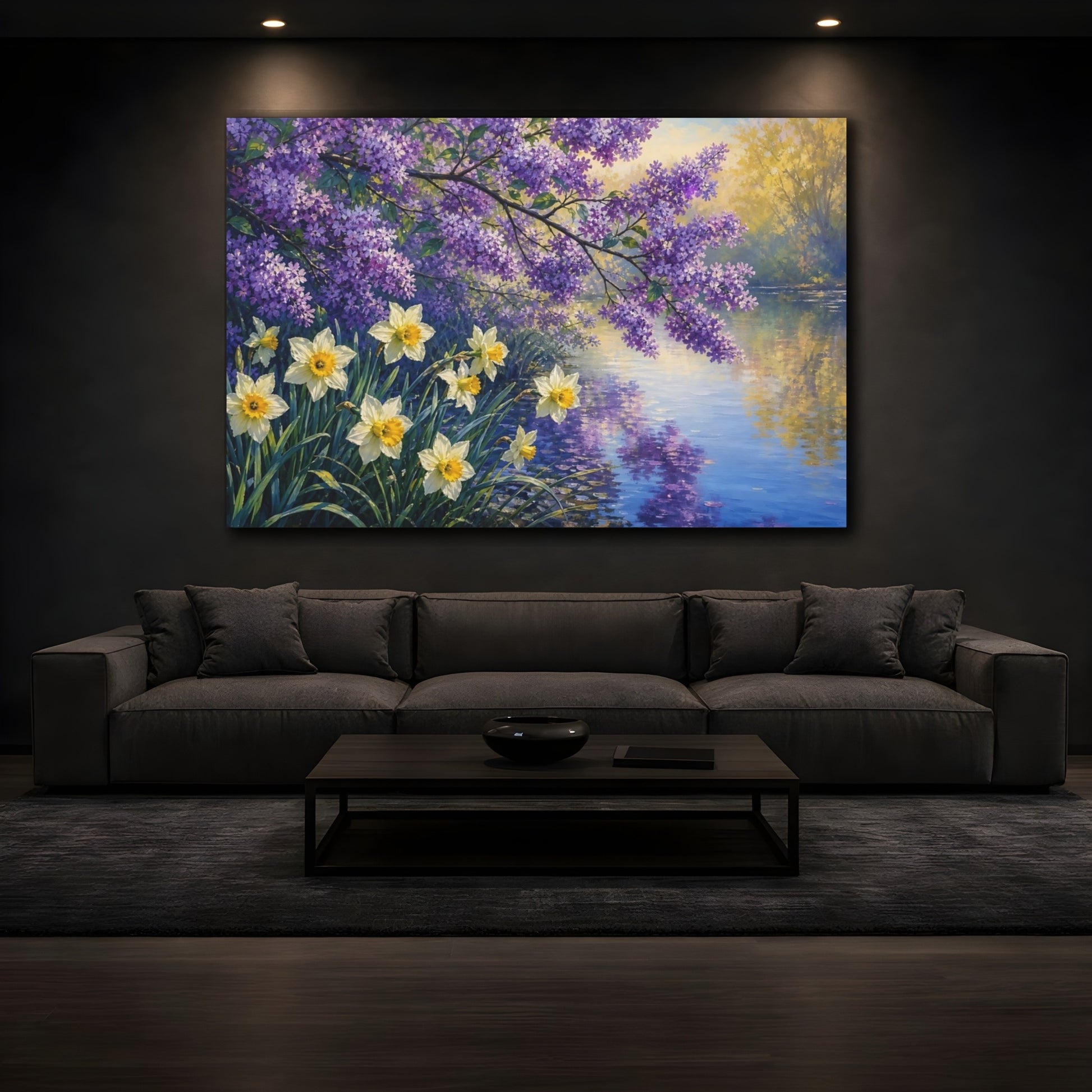 Mockup 3. Floral Lilac Daffodils Purple Yellow Spring shown as stretched canvas wall art