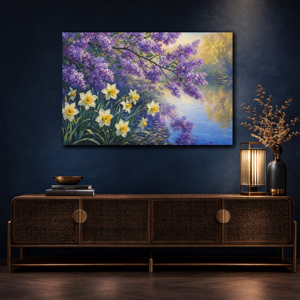Mockup 4. Floral Lilac Daffodils Purple Yellow Spring shown as stretched canvas wall art