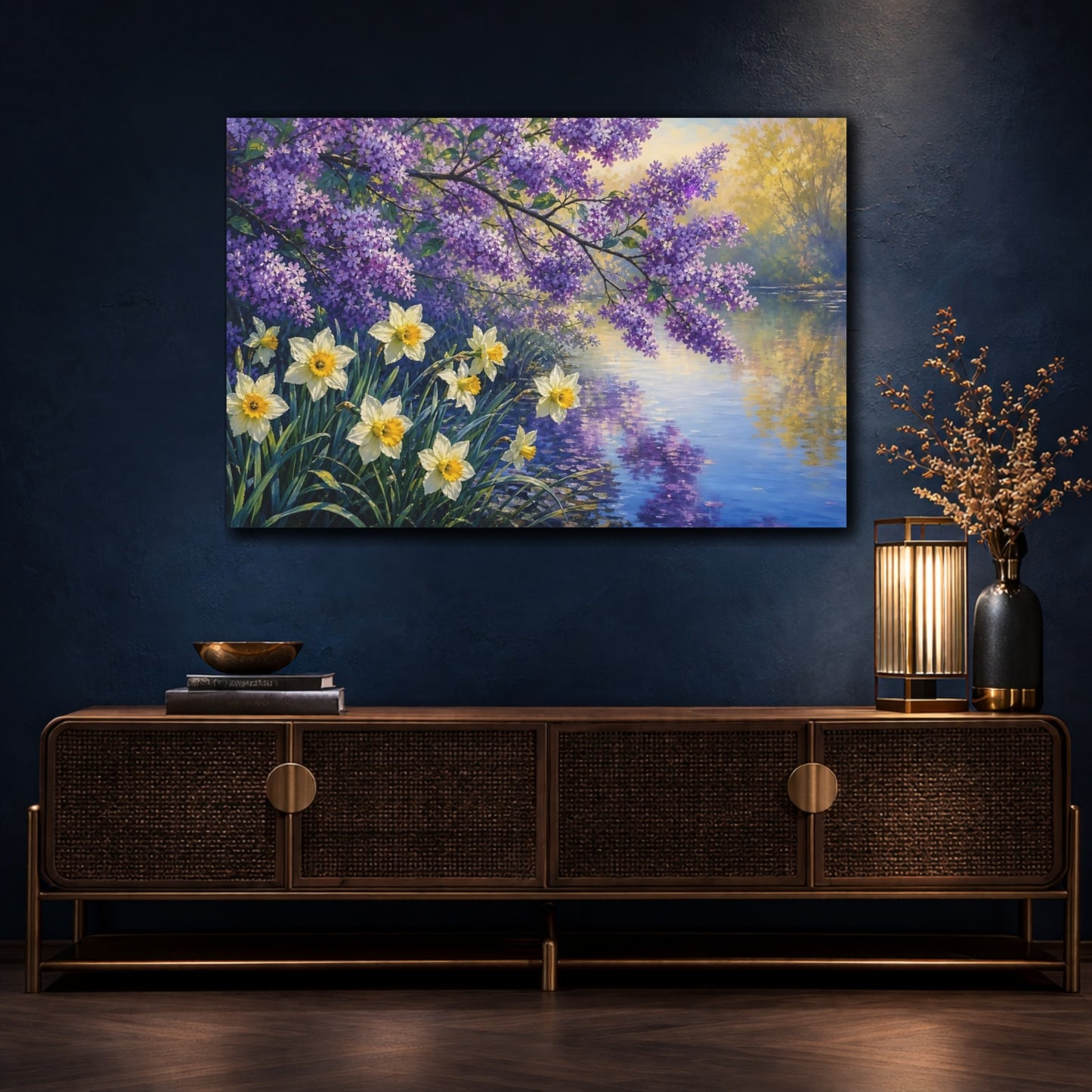 Mockup 4. Floral Lilac Daffodils Purple Yellow Spring shown as stretched canvas wall art