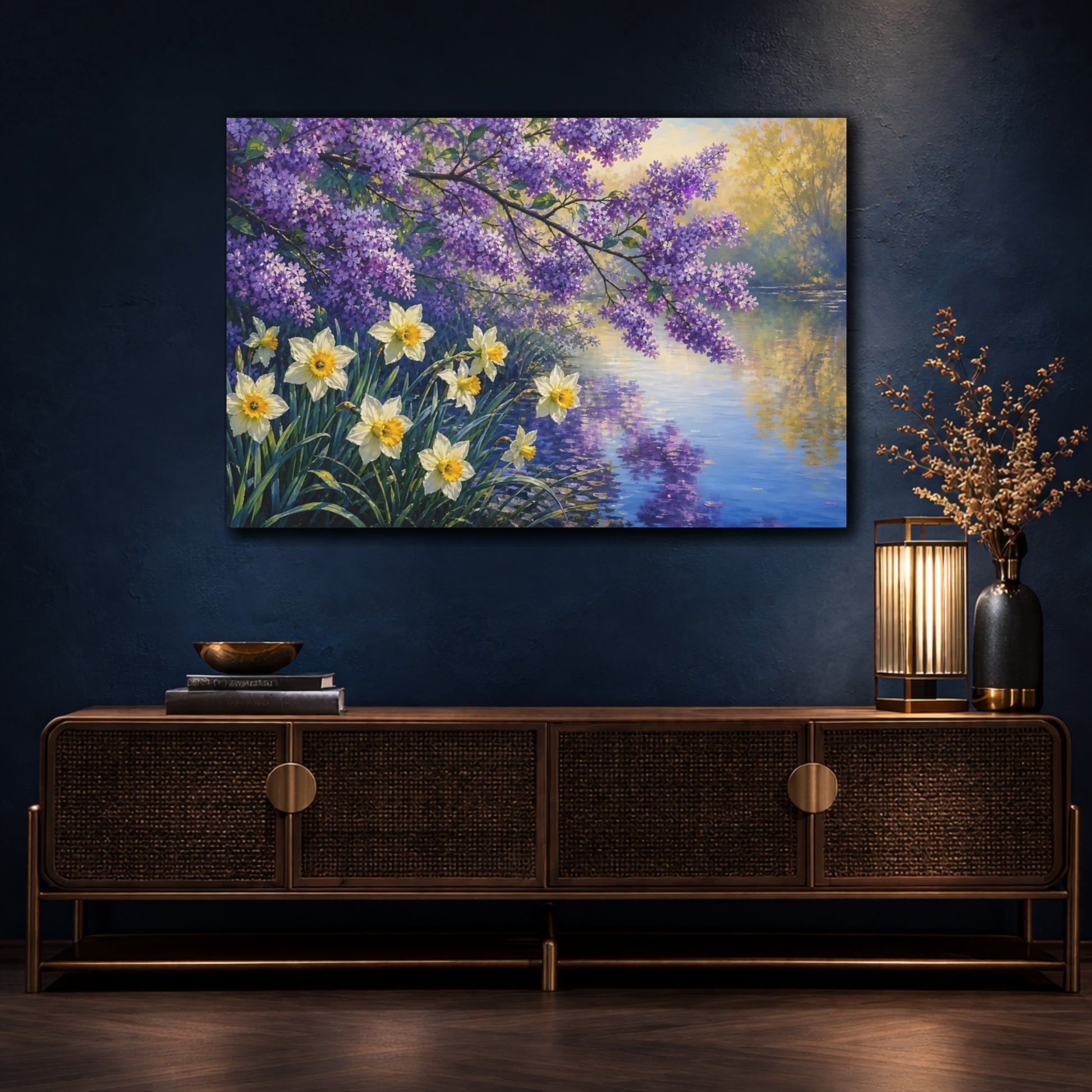 Mockup 4. Floral Lilac Daffodils Purple Yellow Spring shown as stretched canvas wall art