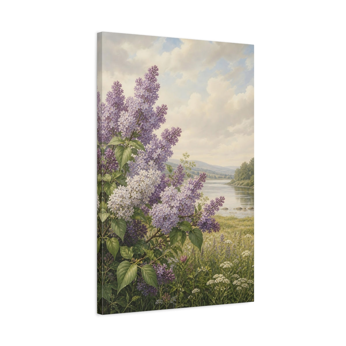 Side Mockup 2. Floral Lilac Flowers Purple Lilac shown as stretched canvas wall art