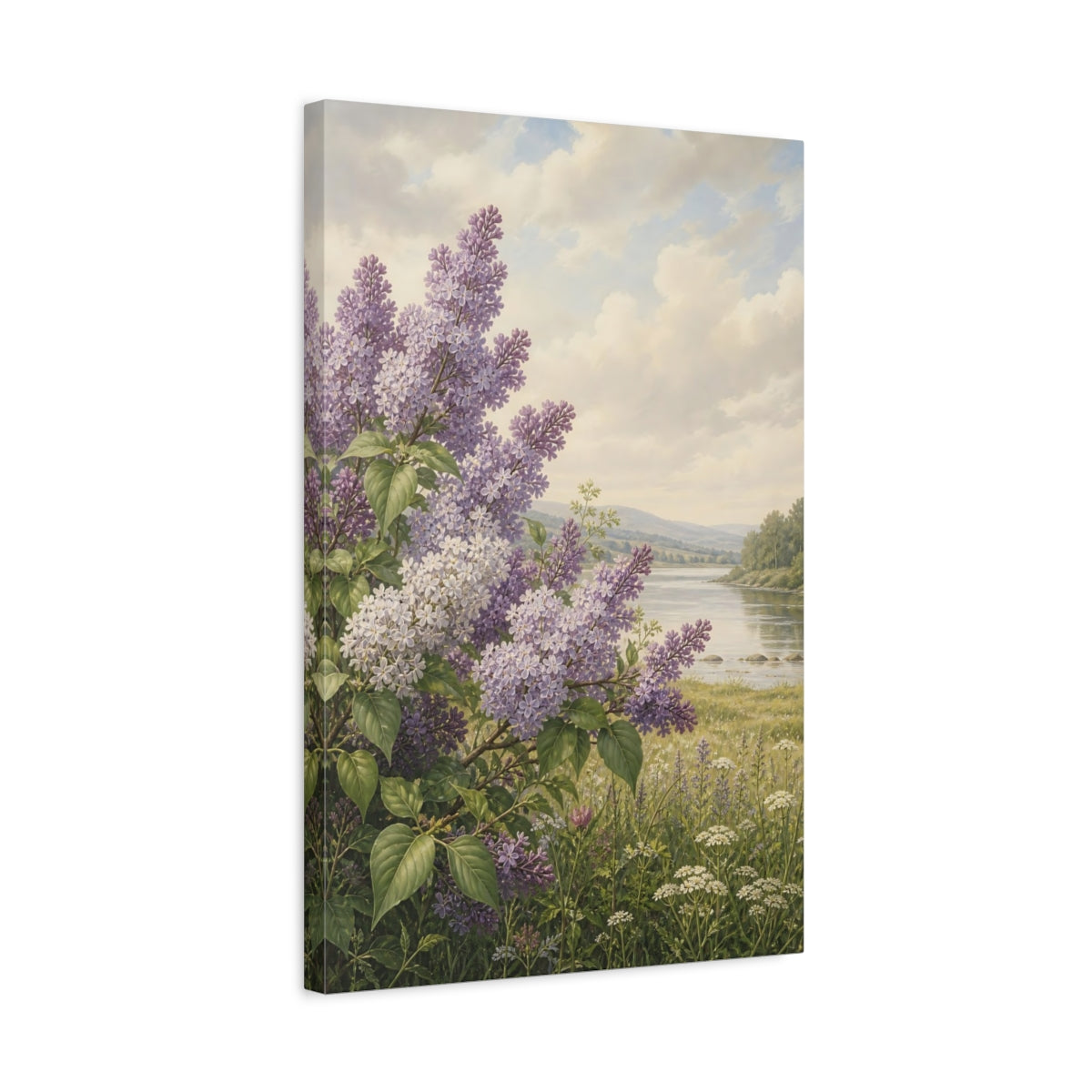 Side Mockup 3. Floral Lilac Flowers Purple Lilac shown as stretched canvas wall art