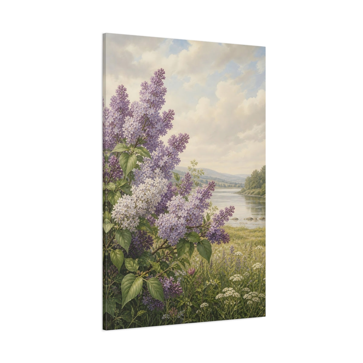 Side Mockup 1. Floral Lilac Flowers Purple Lilac shown as stretched canvas wall art