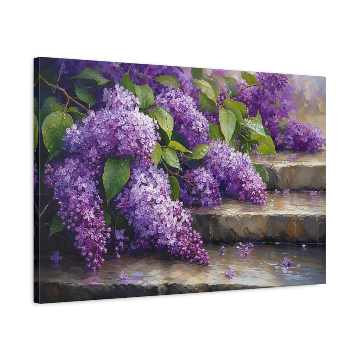 Side Mockup 2. Floral Lilac Flowers Purple Lilac shown as stretched canvas wall art