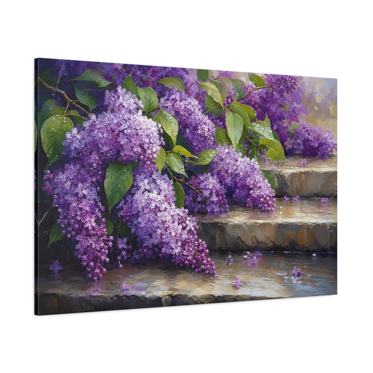 Side Mockup 1. Floral Lilac Flowers Purple Lilac shown as stretched canvas wall art