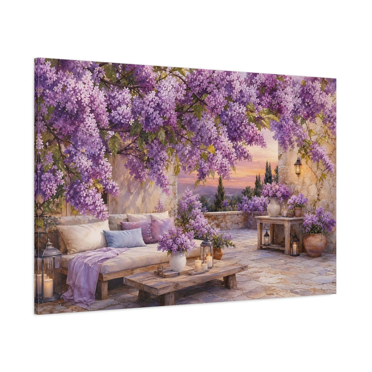 Side Mockup 1. Floral Lilac Flowers Purple Lilac Garden shown as stretched canvas wall art