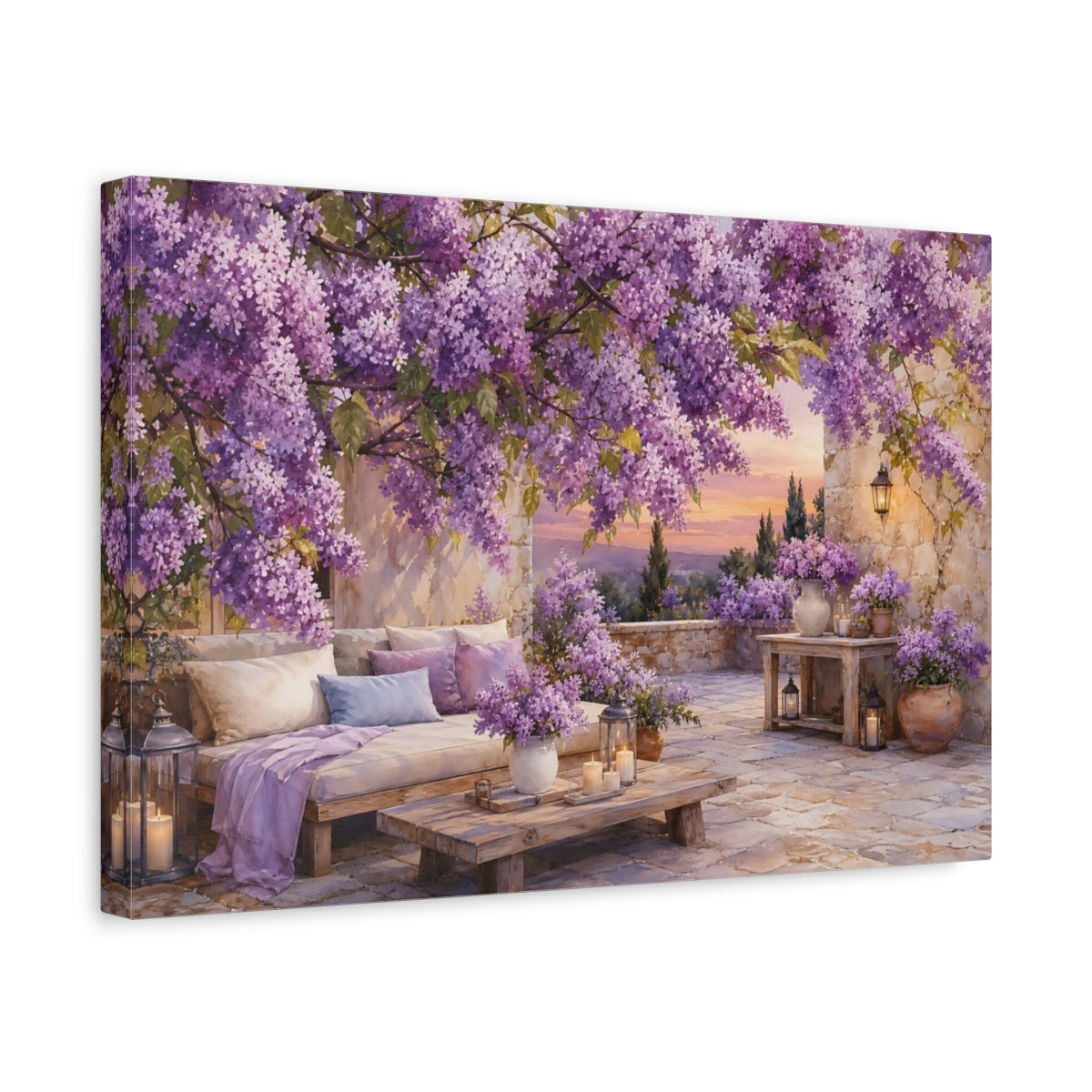Side Mockup 4. Floral Lilac Flowers Purple Lilac Garden shown as stretched canvas wall art