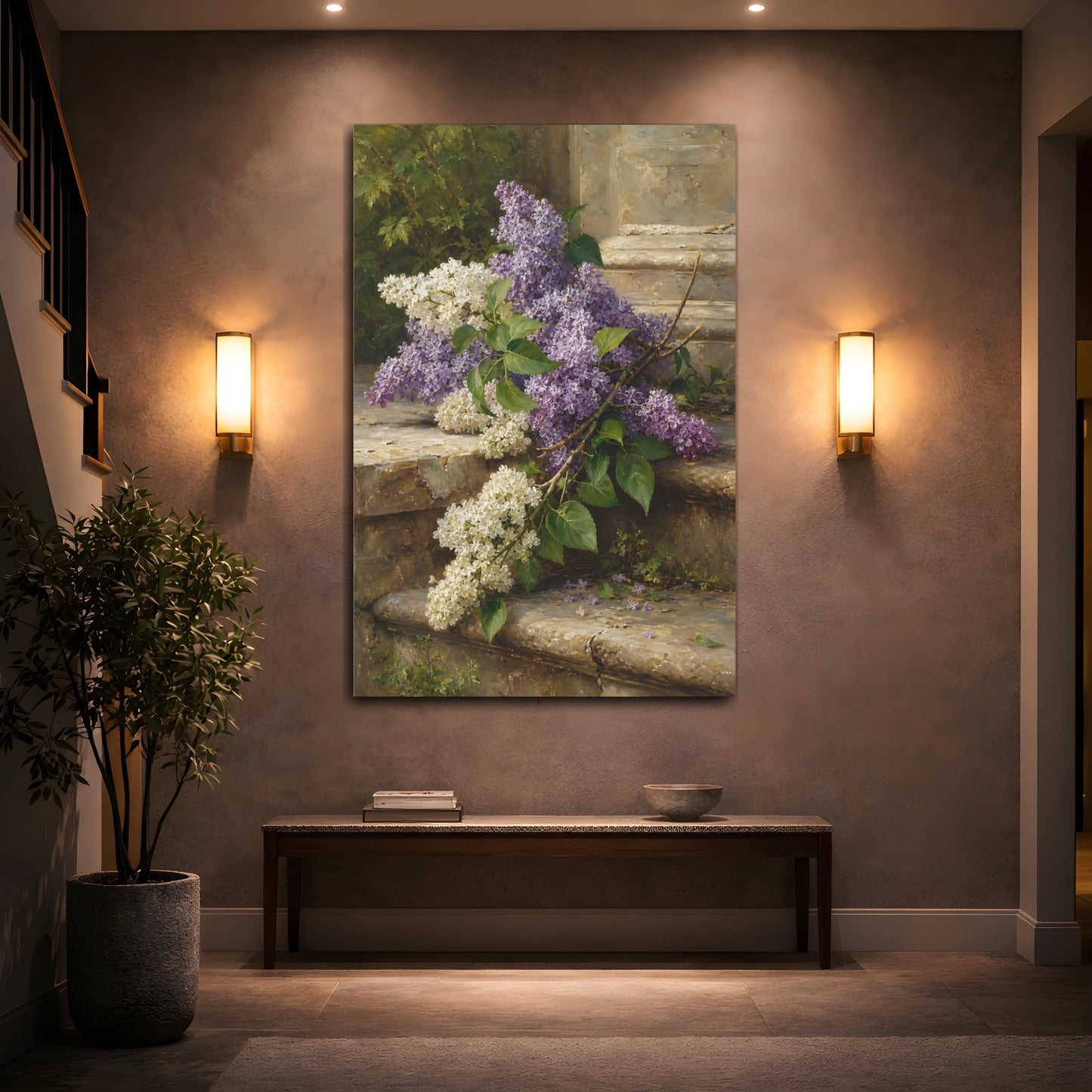 Mockup 2. Floral Lilac Flowers Purple Lilac Flowers shown as stretched canvas wall art
