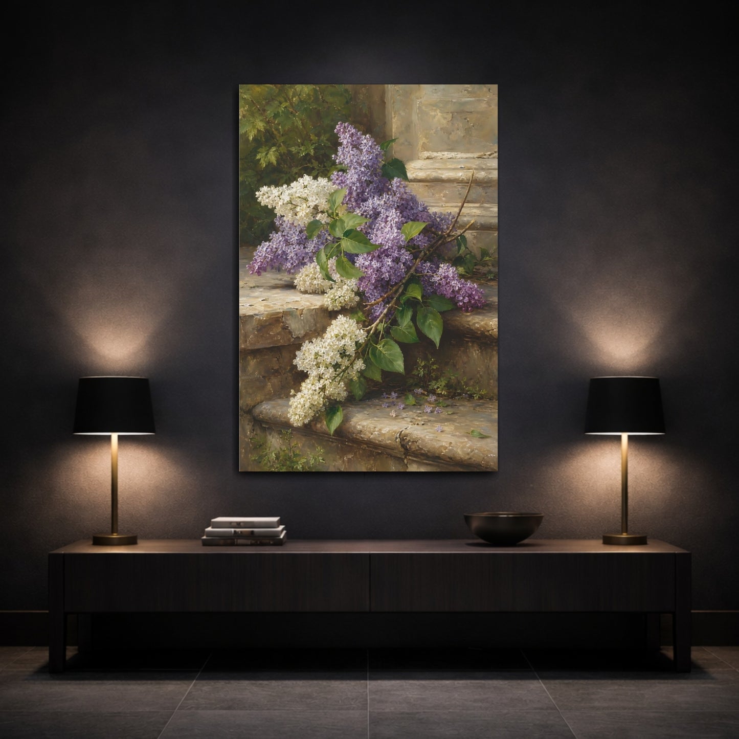 Mockup 3. Floral Lilac Flowers Purple Lilac Flowers shown as stretched canvas wall art
