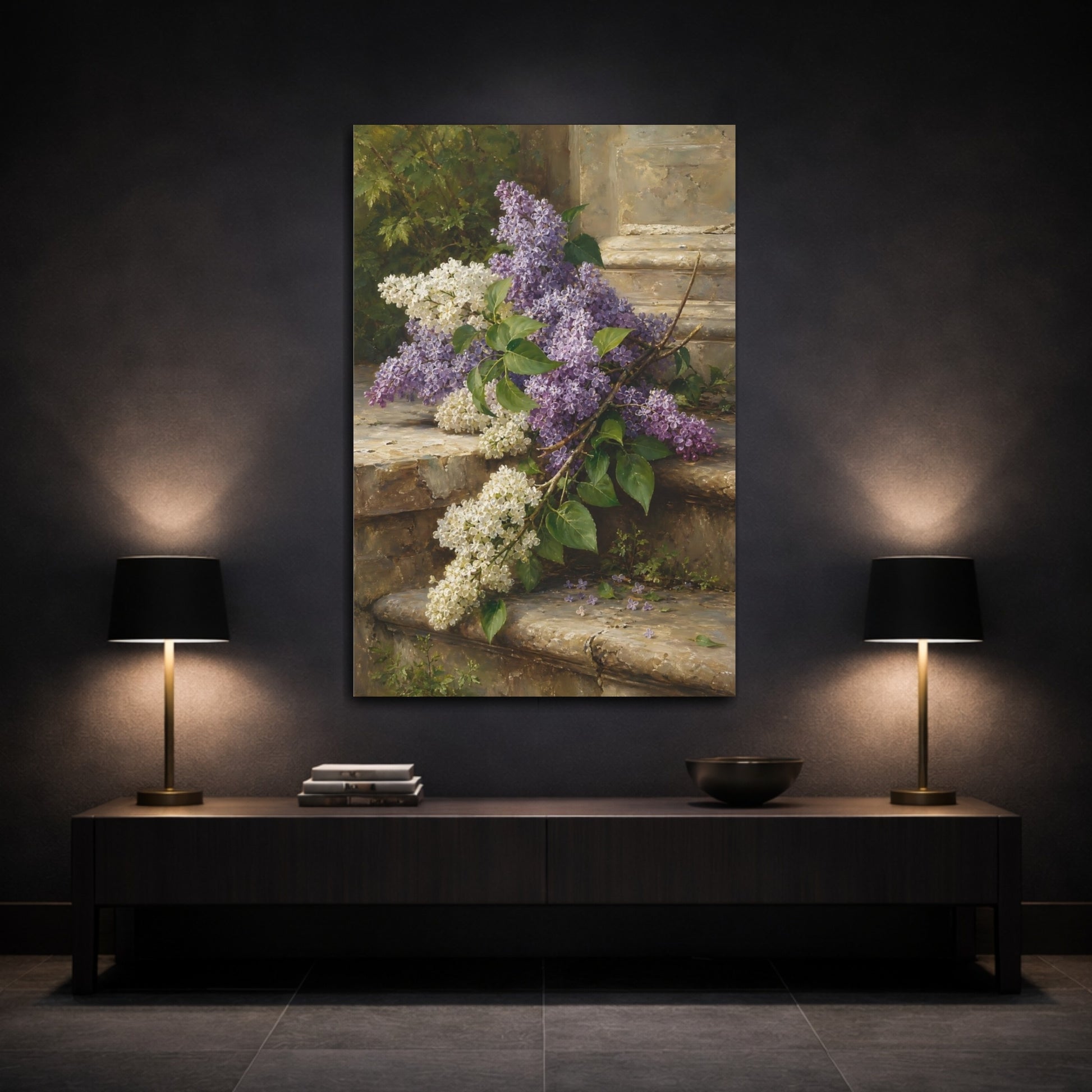Mockup 3. Floral Lilac Flowers Purple Lilac Flowers shown as stretched canvas wall art