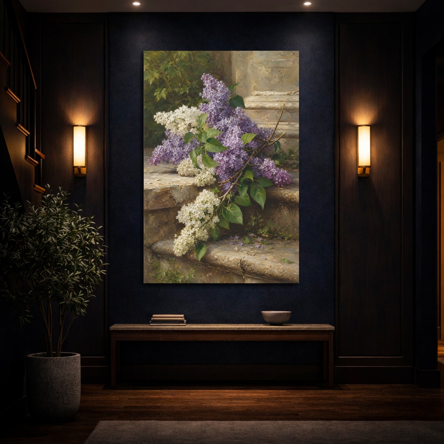 Mockup 4. Floral Lilac Flowers Purple Lilac Flowers shown as stretched canvas wall art