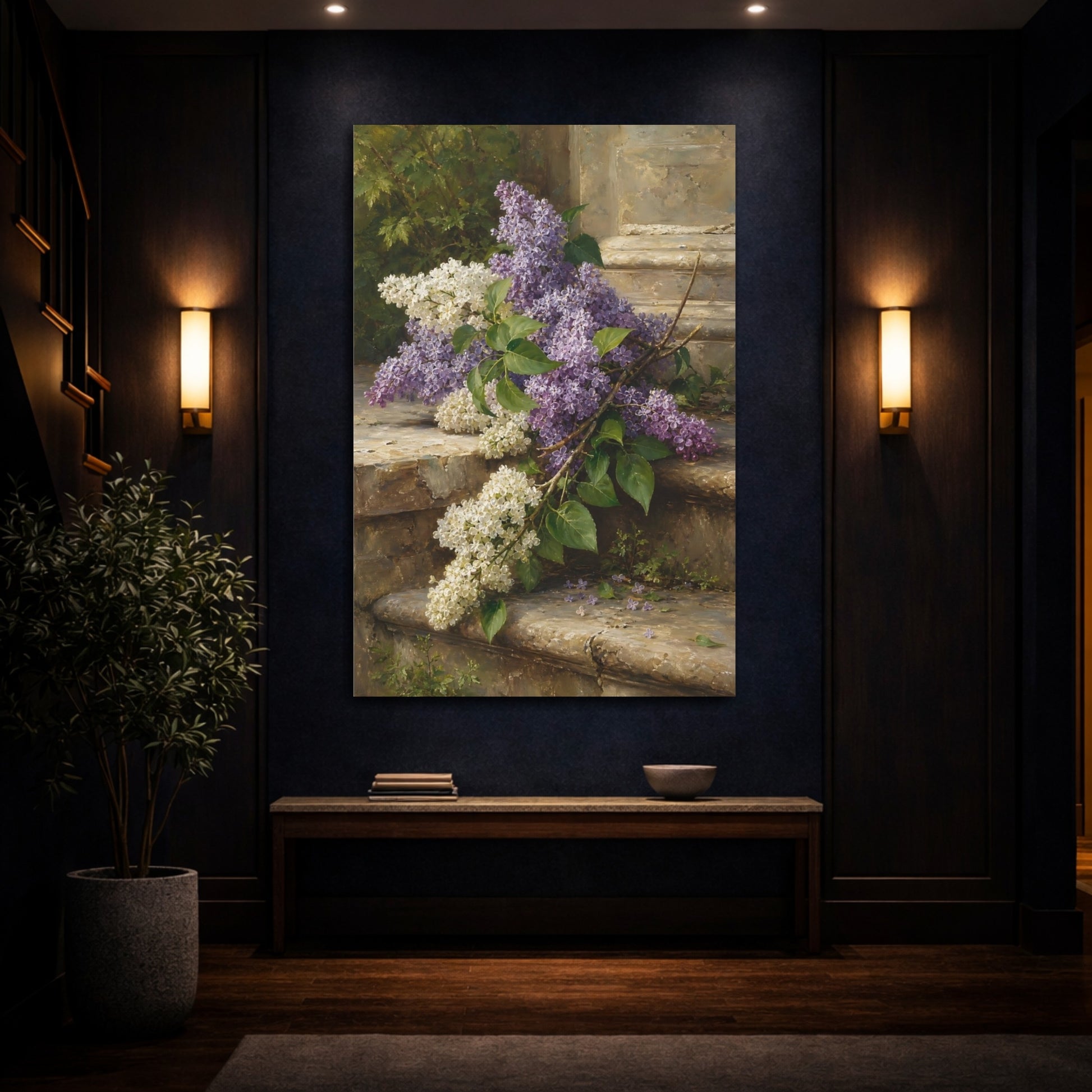 Mockup 4. Floral Lilac Flowers Purple Lilac Flowers shown as stretched canvas wall art