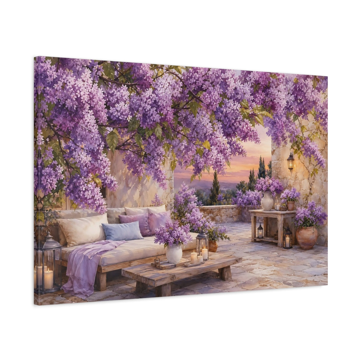 Main Mockup. Floral Lilac Flowers Purple Lilac Garden shown as stretched canvas wall art