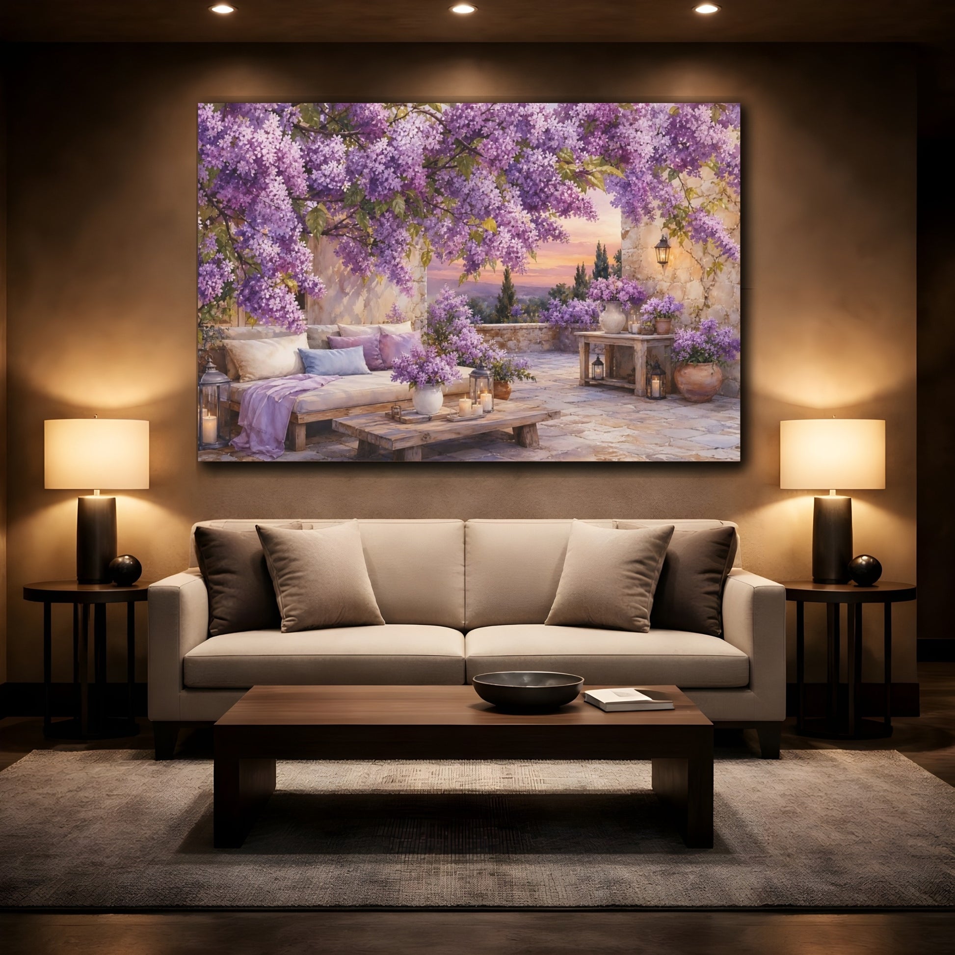 Mockup 2. Floral Lilac Flowers Purple Lilac Garden shown as stretched canvas wall art