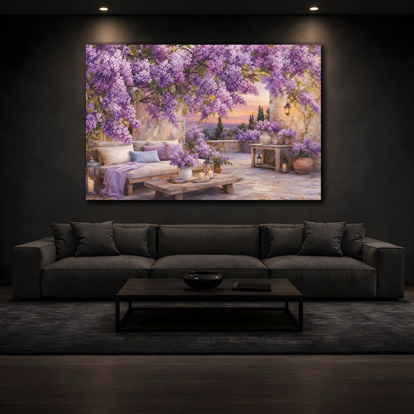 Mockup 3. Floral Lilac Flowers Purple Lilac Garden shown as stretched canvas wall art