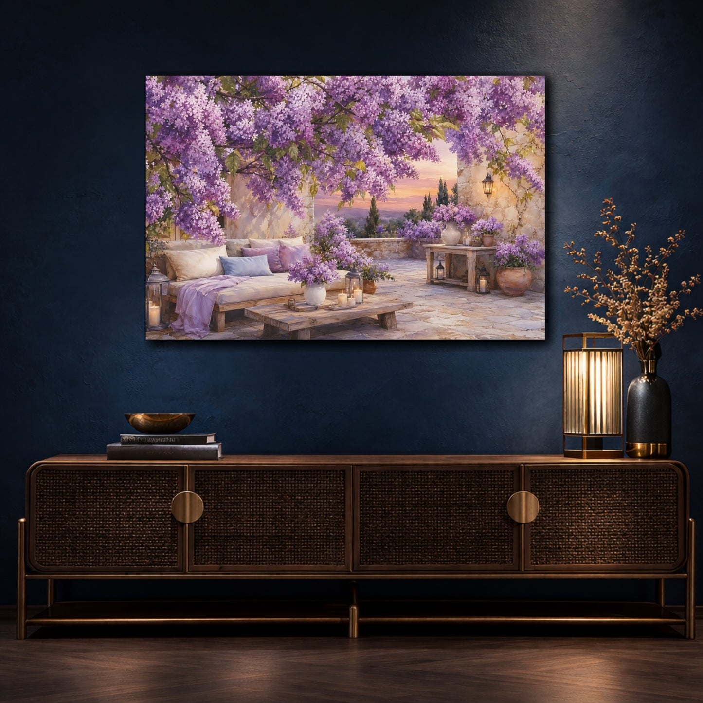 Mockup 4. Floral Lilac Flowers Purple Lilac Garden shown as stretched canvas wall art