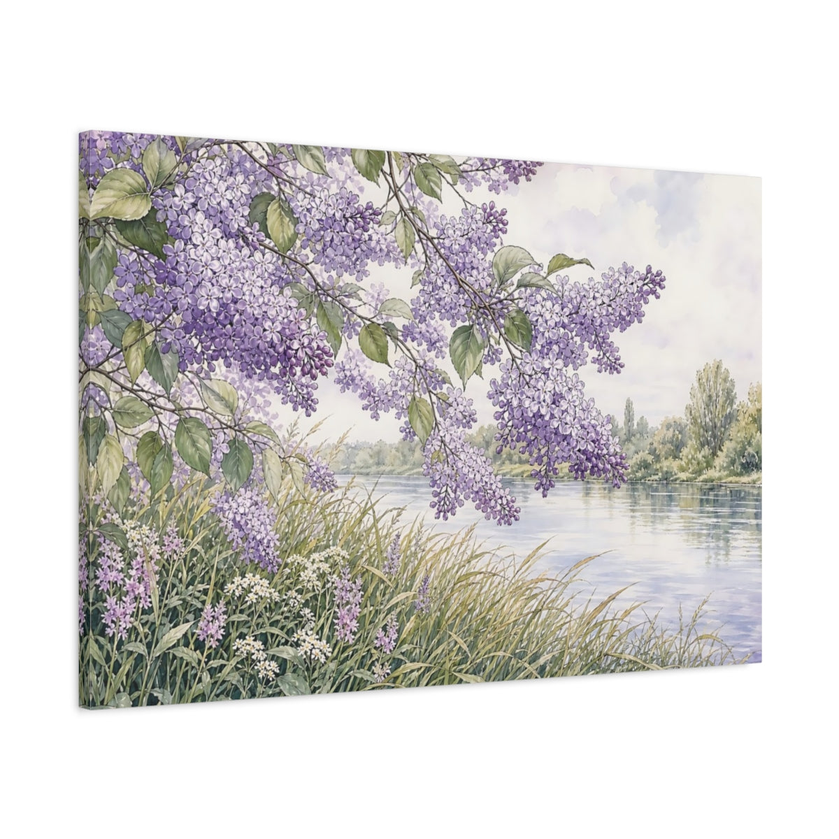Main Mockup. Floral Lilac Flowers Purple Lilac River shown as stretched canvas wall art