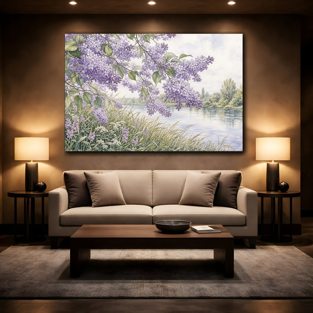 Mockup 2. Floral Lilac Flowers Purple Lilac River shown as stretched canvas wall art